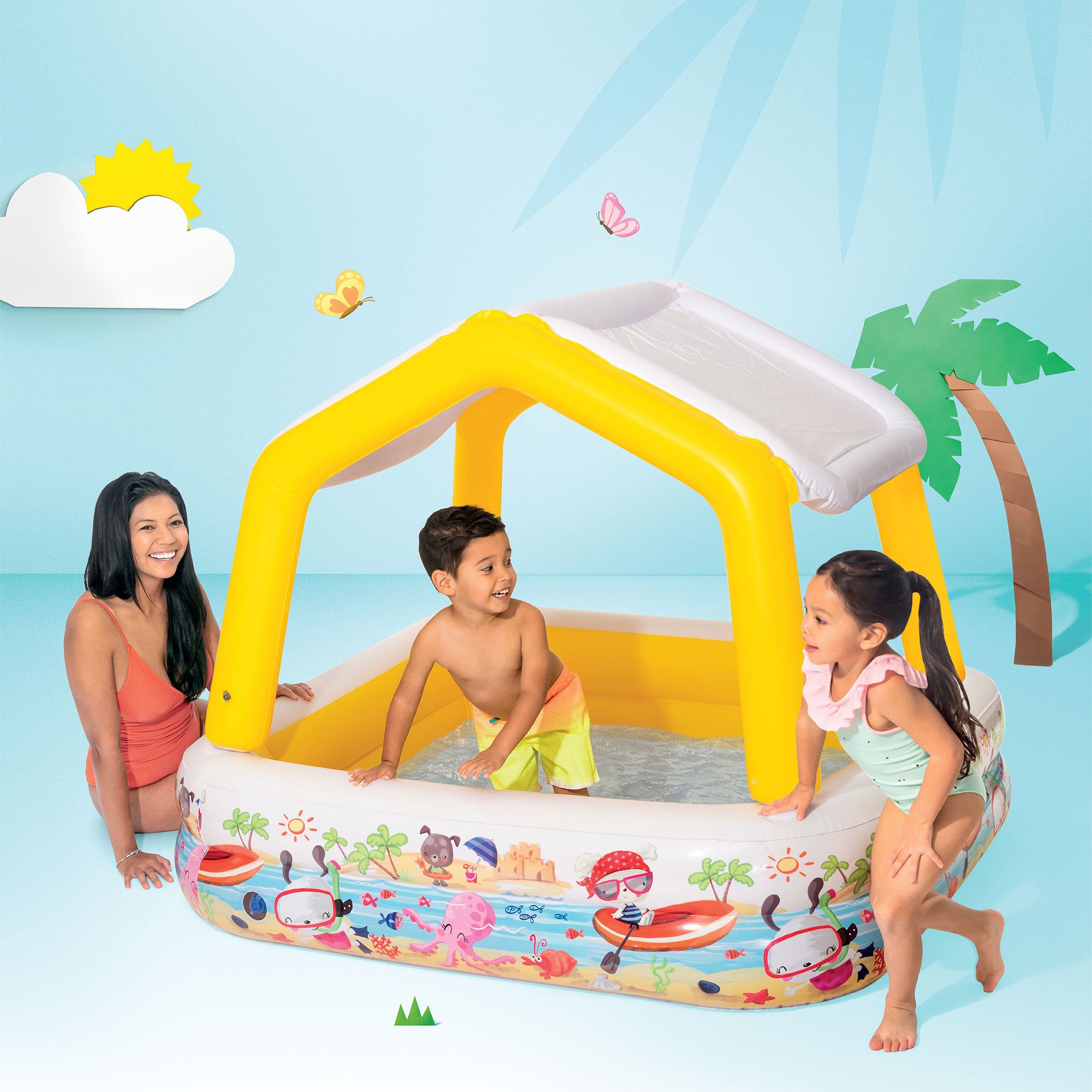 Intex Inflatable Sun Shade Kiddie Pool and Multi-Colored Fun Ballz, 100 Pack