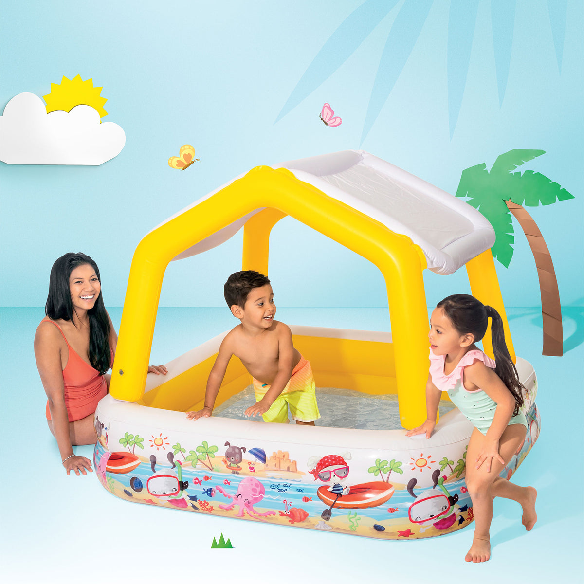 Intex Inflatable Sun Shade Kiddie Pool and Multi-Colored Fun Ballz, 100 Pack