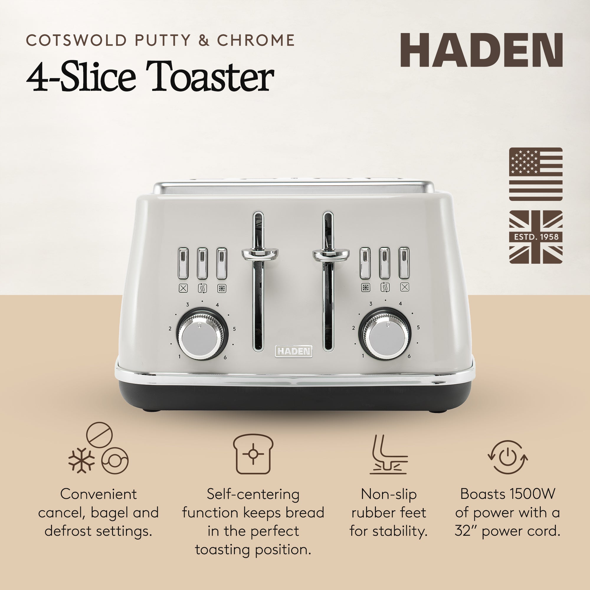 Haden Cotswold 4 Slice Toaster w/Wide Slot & Adjustable Browning,Putty(Open Box) - VMInnovations