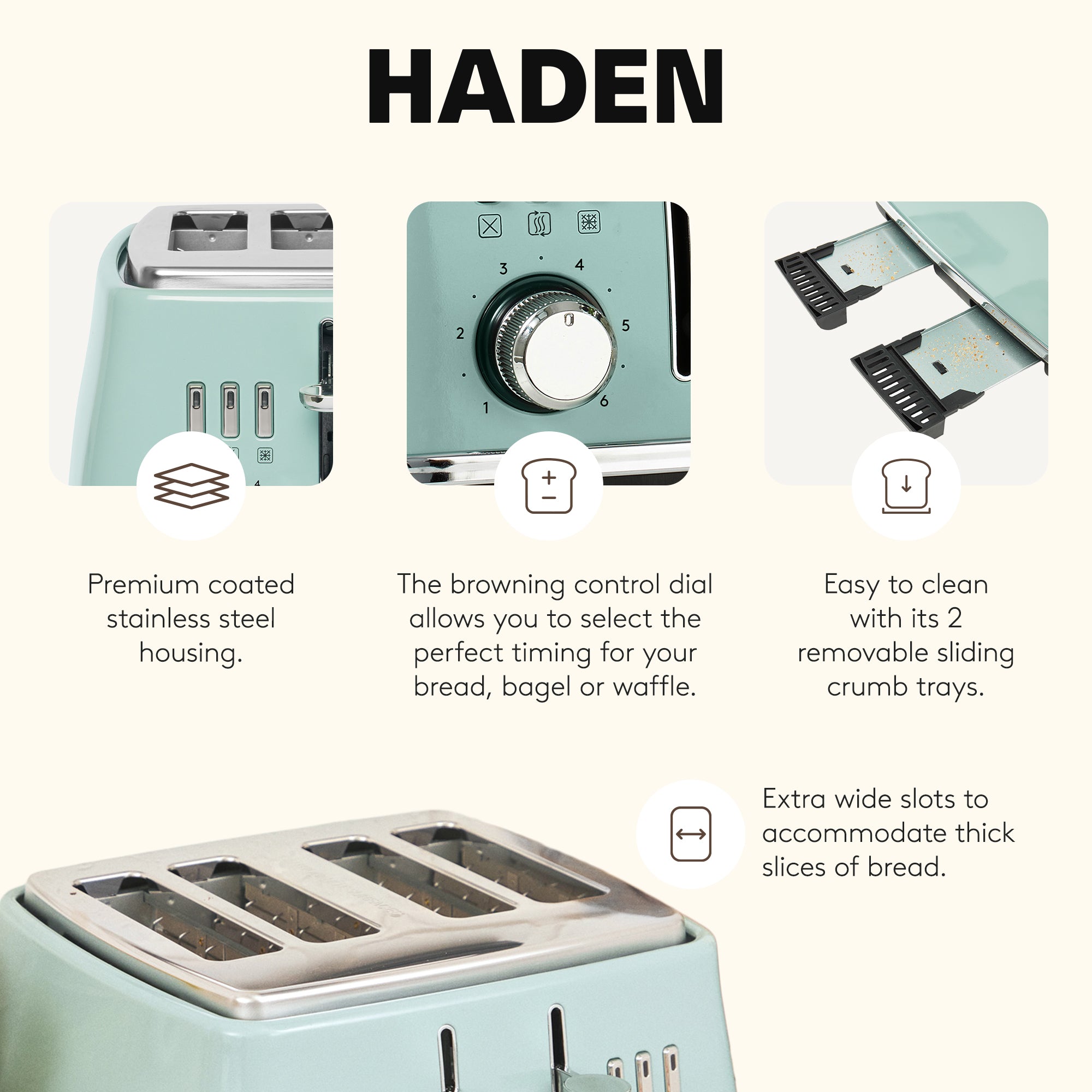 Haden Cotswold 4 Slice Extra Wide Slot Stainless Steel Toaster with Tray, Sage - VMInnovations