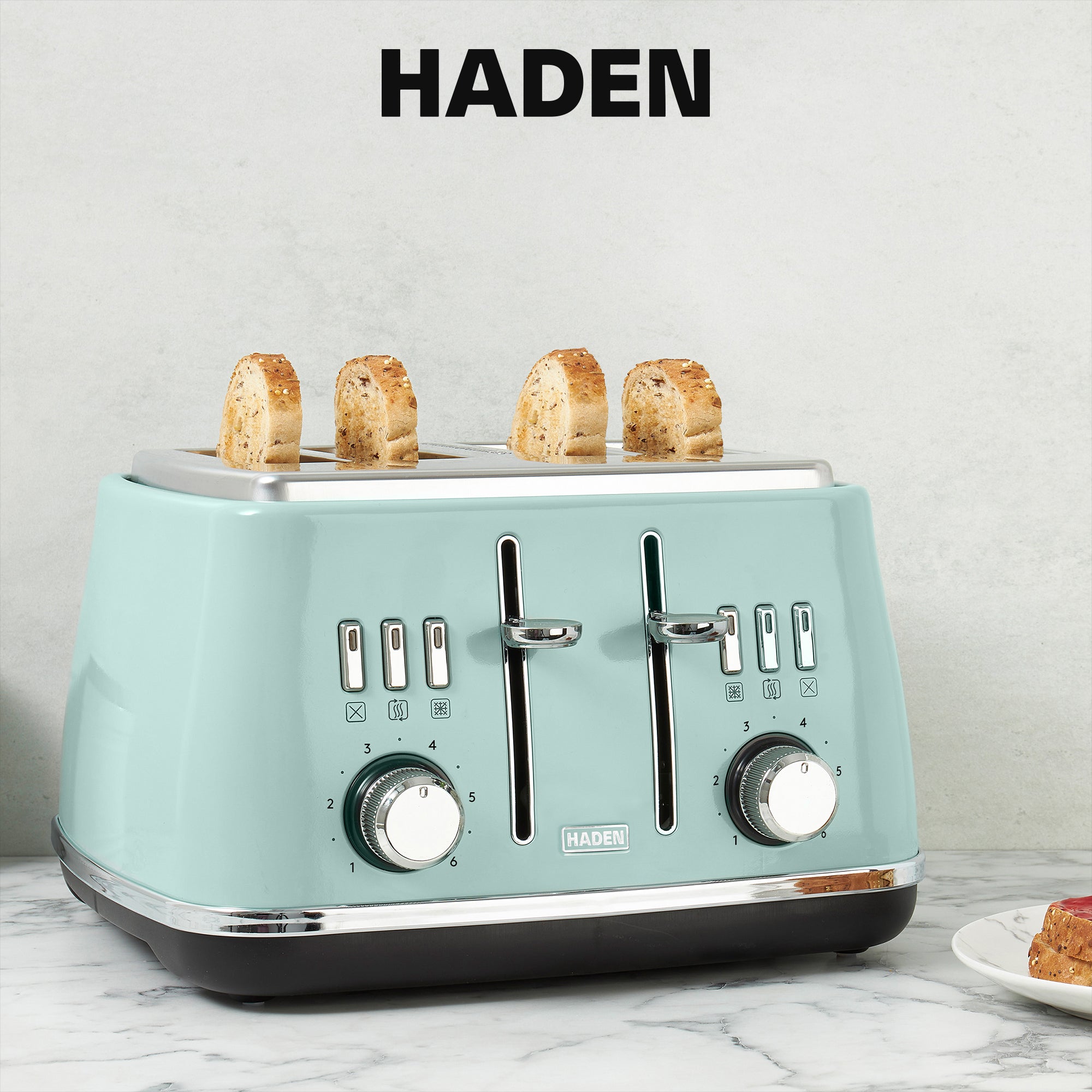 Haden Cotswold 4 Slice Extra Wide Slot Stainless Steel Toaster with Tray, Sage - VMInnovations