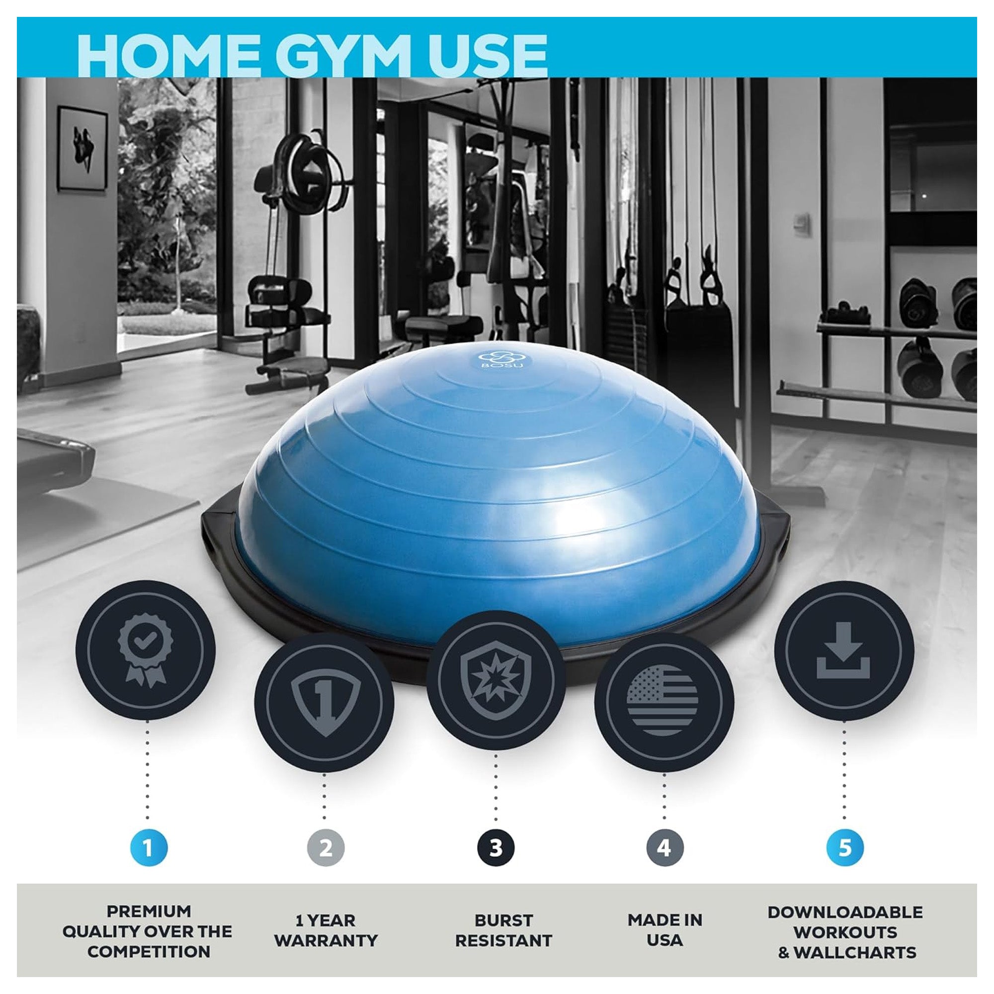 Bosu Pro 26” Strength Trainer Ball Balance Board with Resistance Bands, Blue - VMInnovations