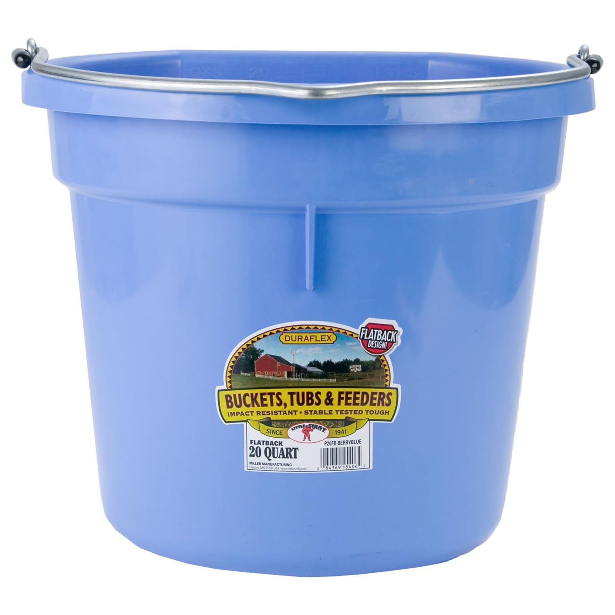 Little Giant Flat Back Plastic Animal Feed Bucket, Handle, 20 Qt, Berry BLue - VMInnovations