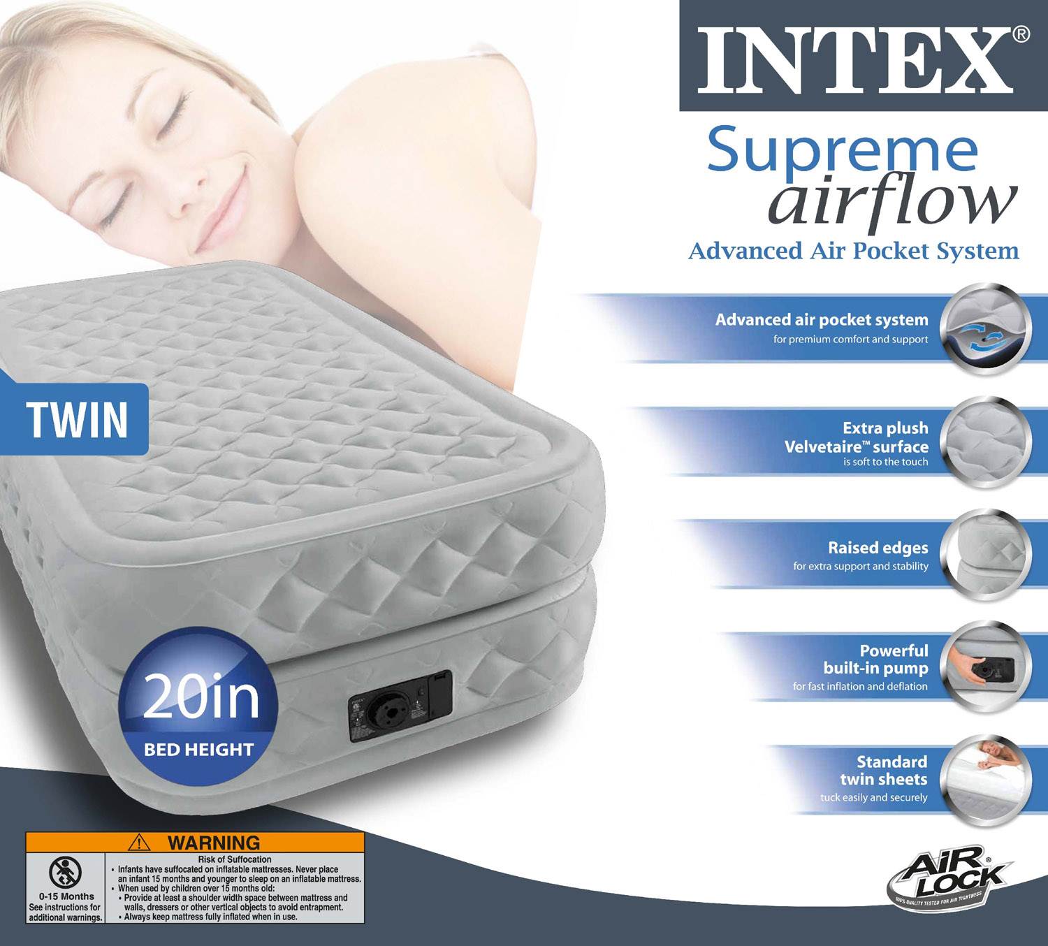 INTEX Twin Supreme Air Flow Bed Raised Airbed Mattress & Pump (Open Box)