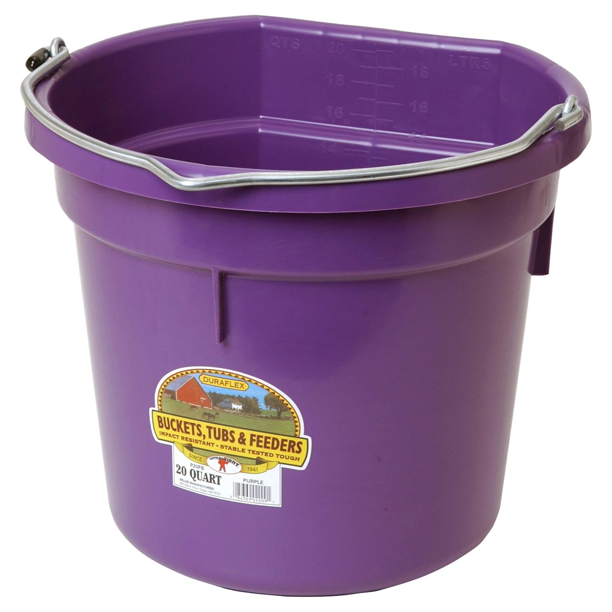 Little Giant Flat Back Plastic Animal Feed Bucket, Metal Handle, 20 Qt, Purple