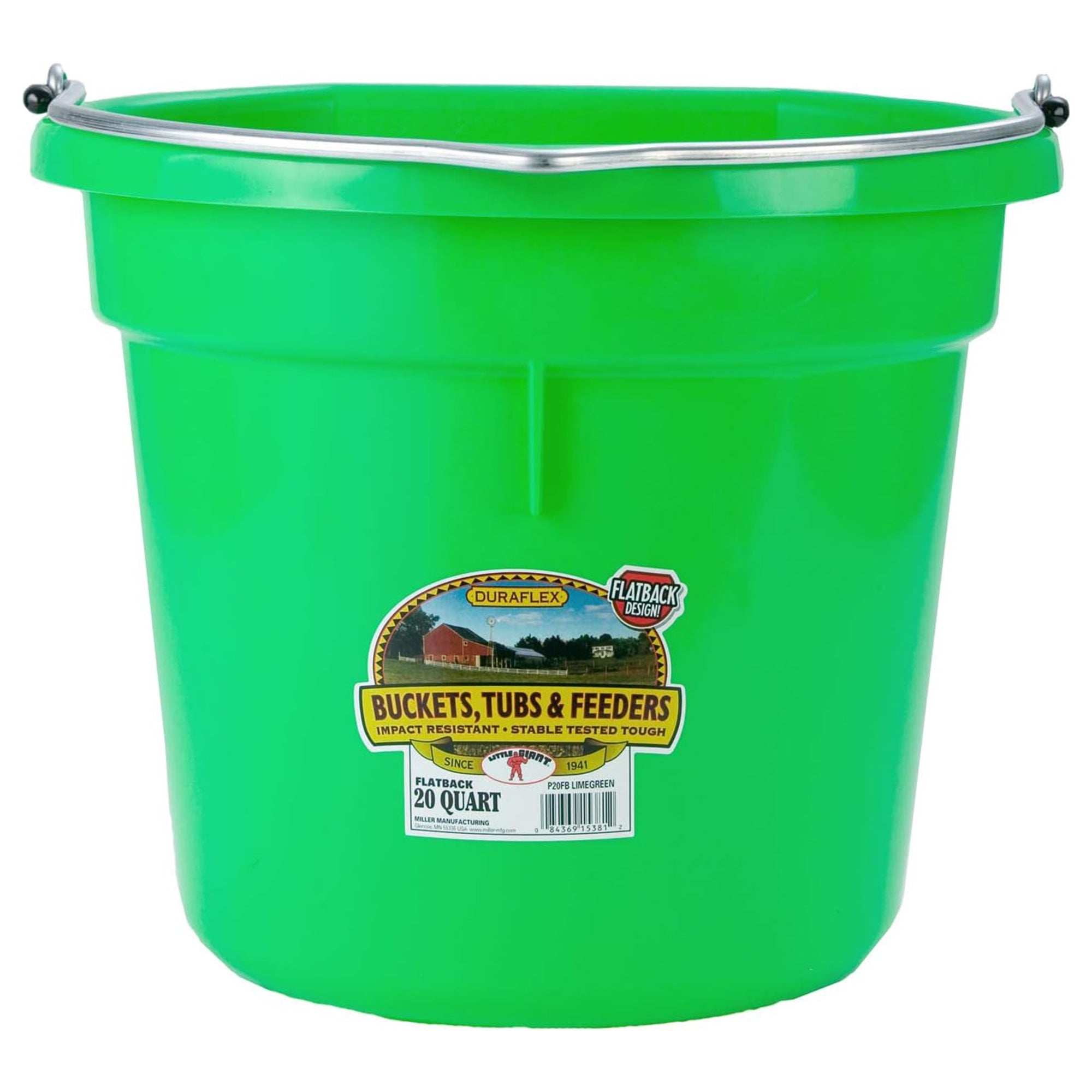 Little Giant Flat Back Plastic Animal Feed Bucket, Metal Handle, 20 Qt, Lime - VMInnovations