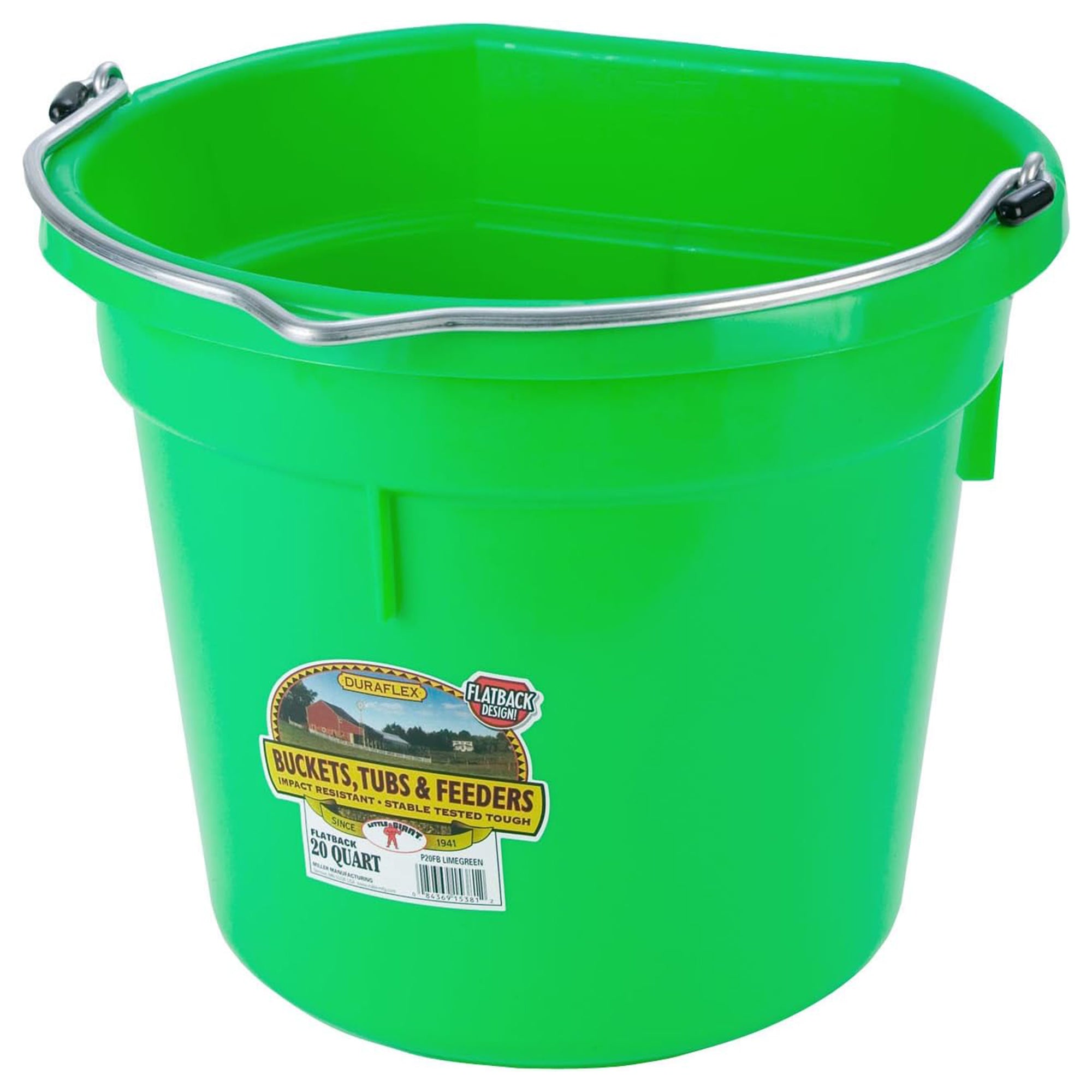 Little Giant Flat Back Plastic Animal Feed Bucket, Metal Handle, 20 Qt, Lime - VMInnovations