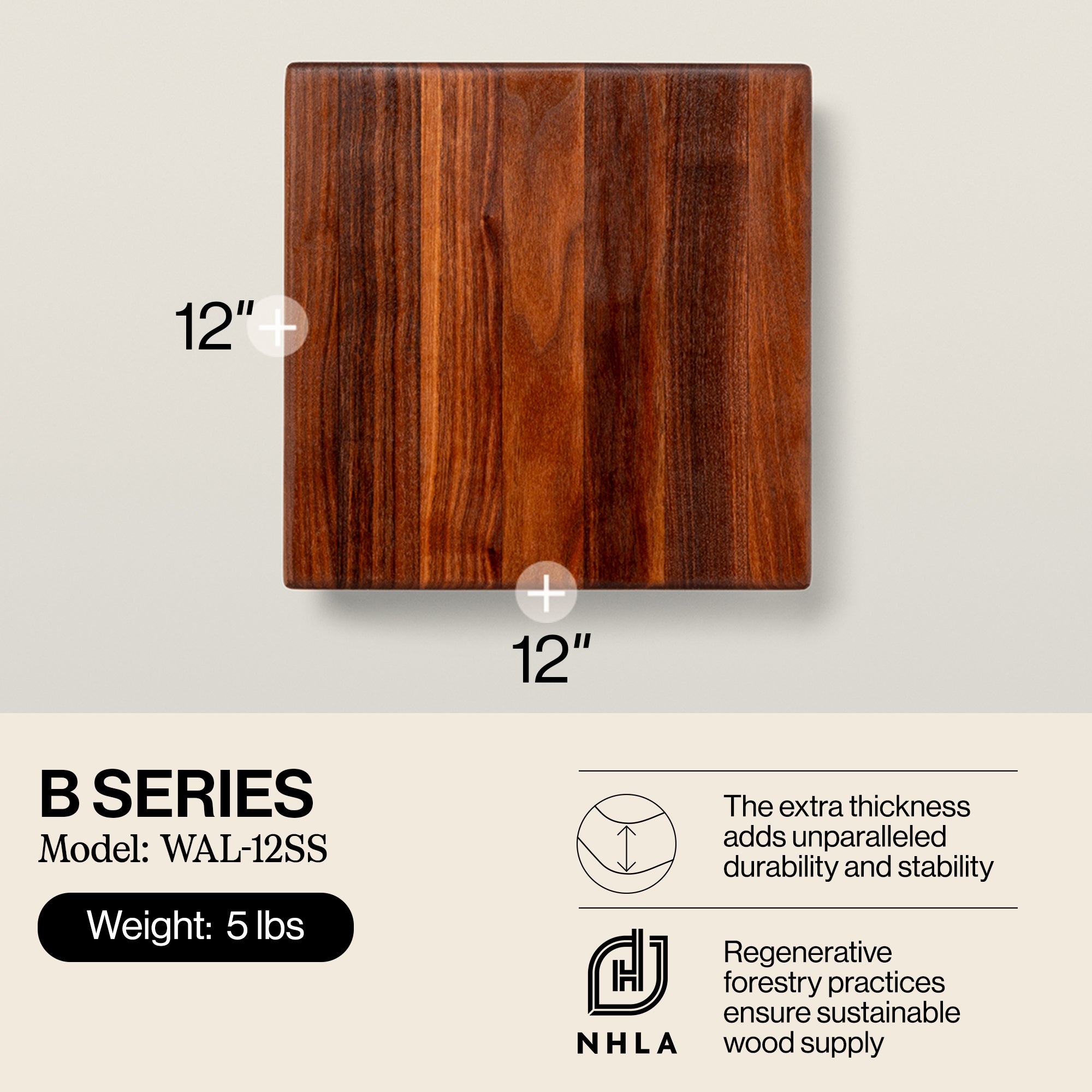 John Boos Small Walnut Wood Edge Grain Cutting Board for Kitchen, 12"x12"x1.5"