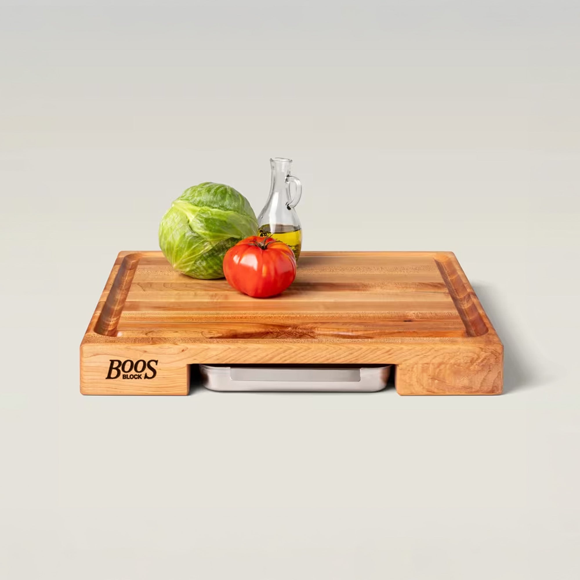 John Boos 18"x18" Reversible Wood Cutting Board with Juice Groove & Tray, Maple - VMInnovations