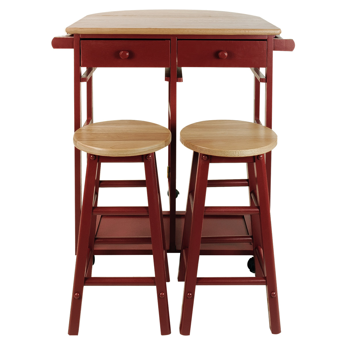 Casual Home Drop Leaf Mobile Breakfast Cart with 2 Wooden Stools, Red (Open Box)