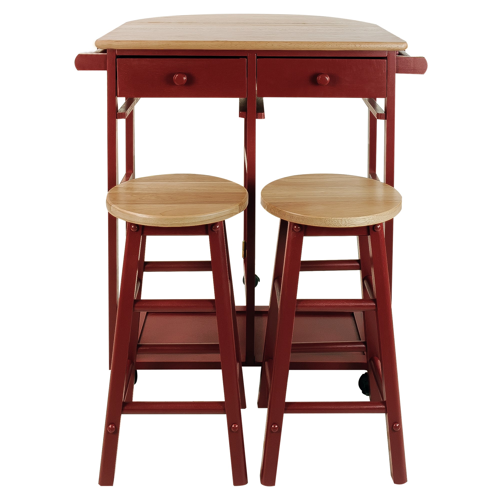 Casual Home Drop Leaf Hardwood Mobile Breakfast Cart 2 Wooden Stools, Red (Used)