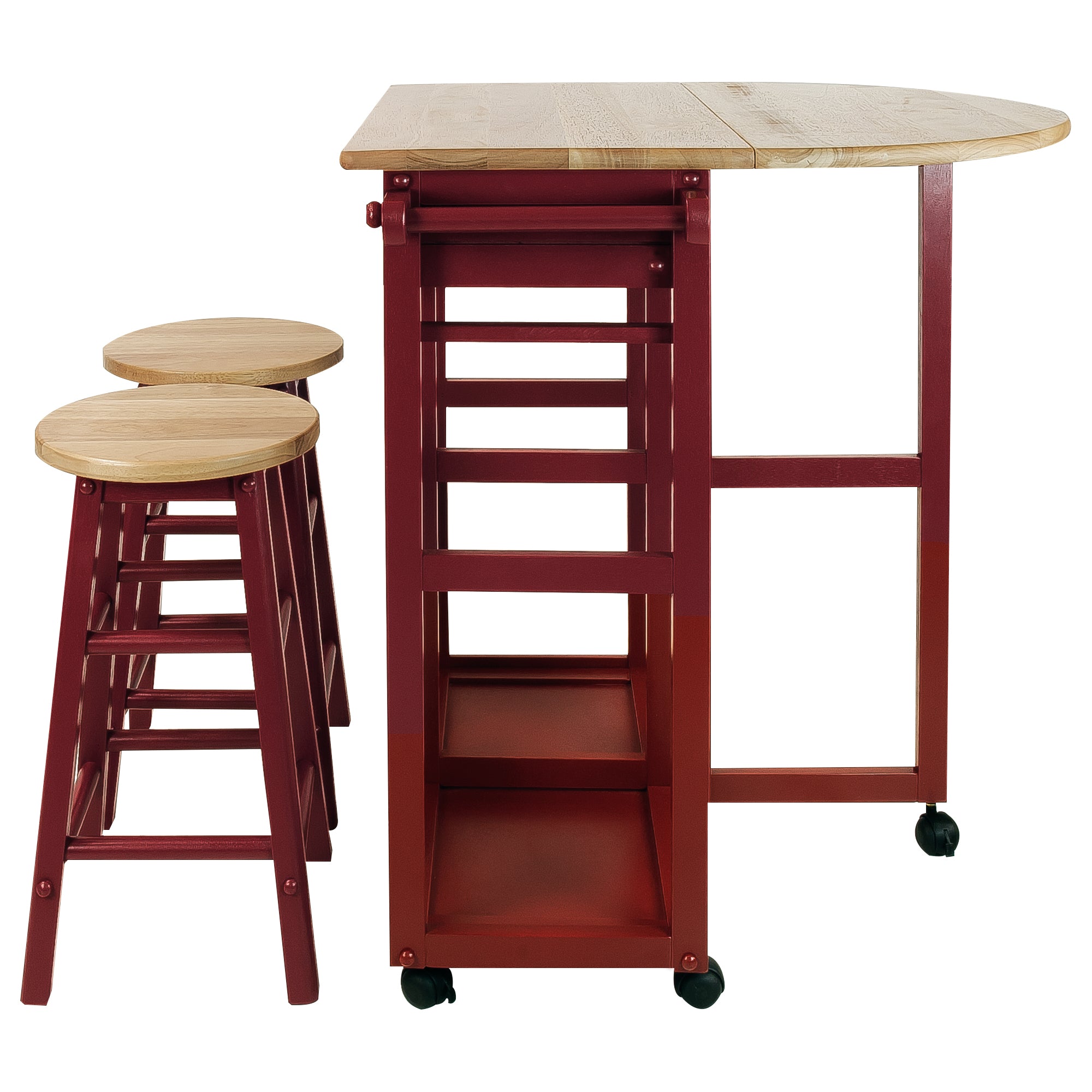 Casual Home Drop Leaf Hardwood Mobile Breakfast Cart 2 Wooden Stools, Red (Used)