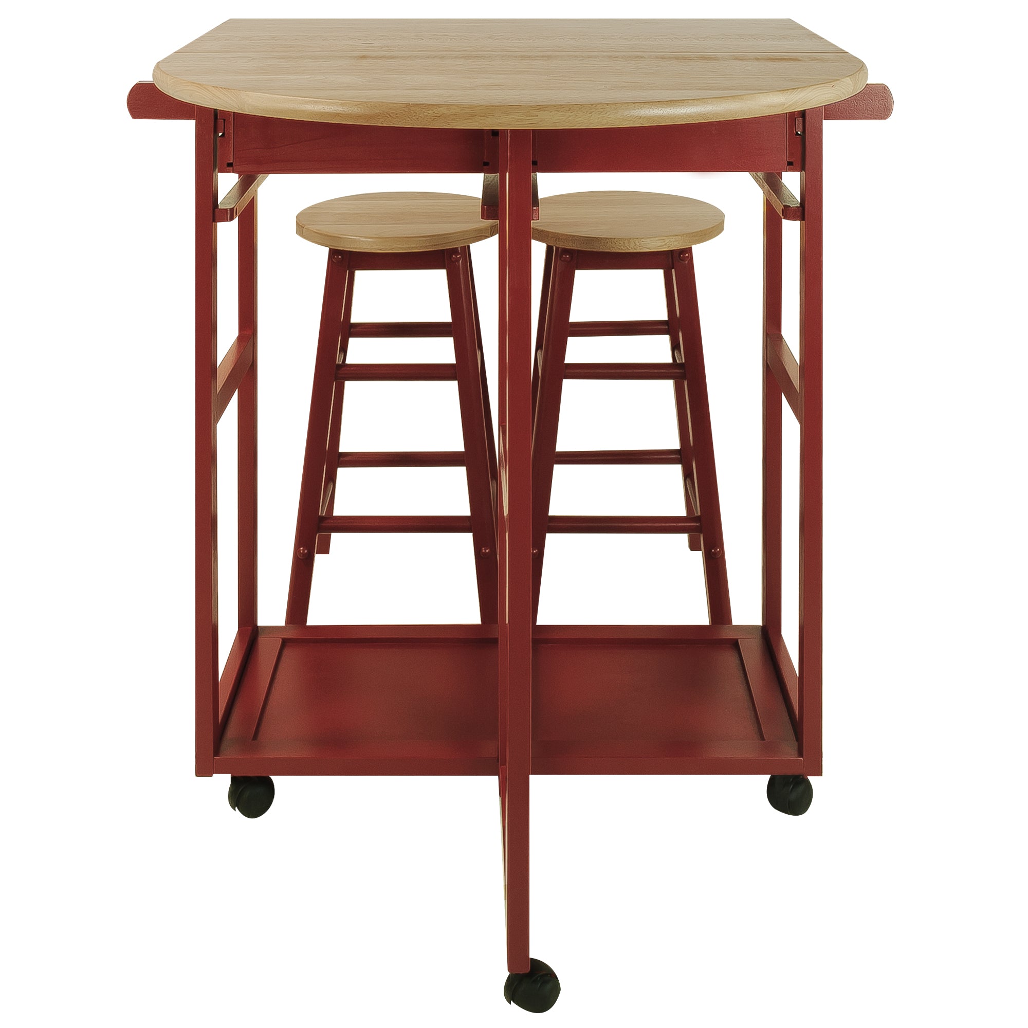 Casual Home Drop Leaf Mobile Breakfast Cart with 2 Wooden Stools, Red (Open Box)