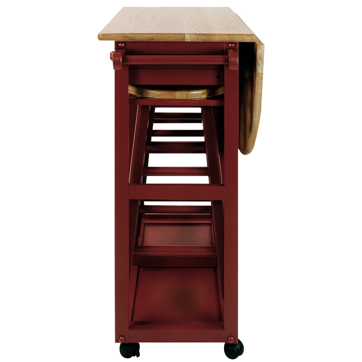 Casual Home Drop Leaf Hardwood Mobile Breakfast Cart 2 Wooden Stools, Red (Used)