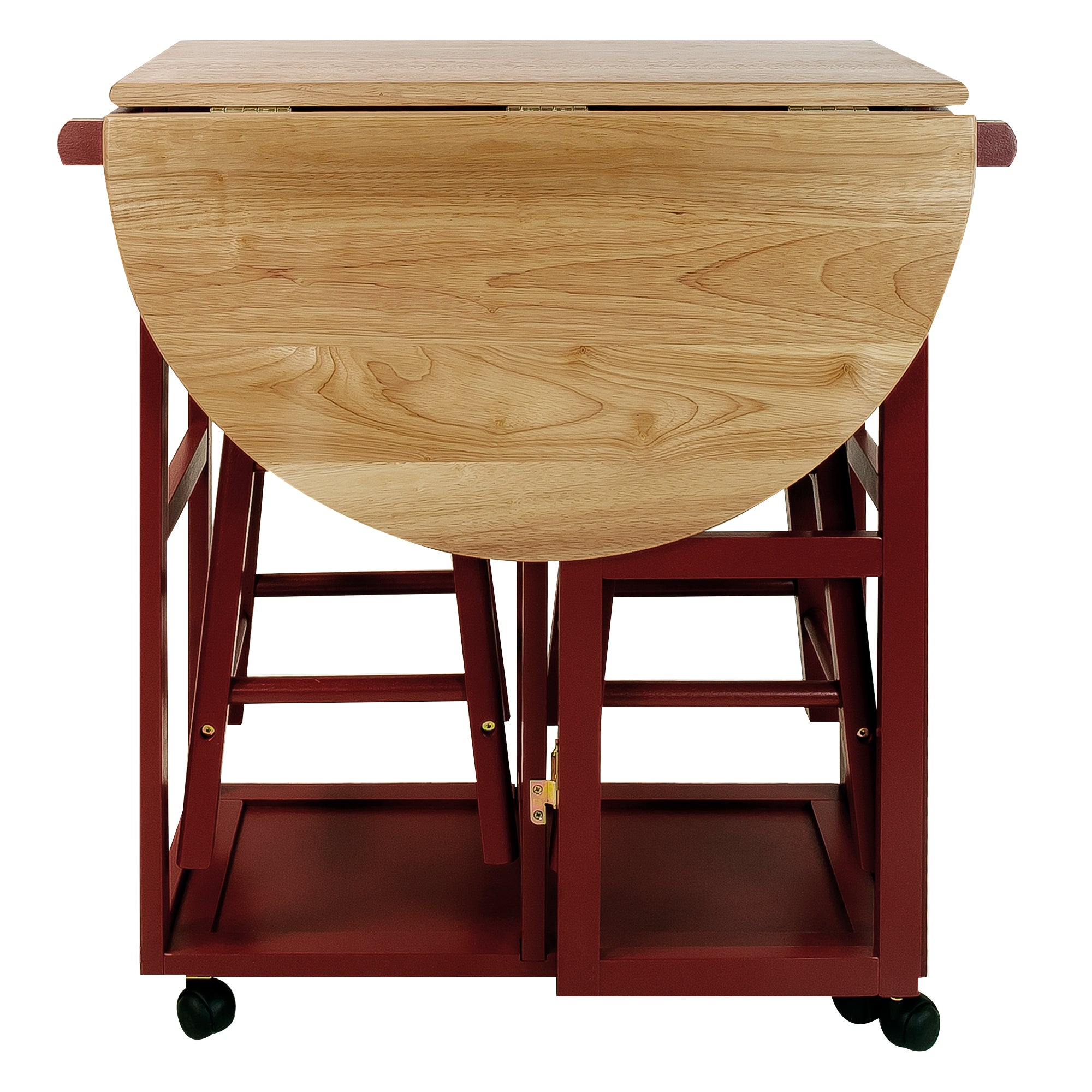 Casual Home Drop Leaf Hardwood Mobile Breakfast Cart 2 Wooden Stools, Red (Used)