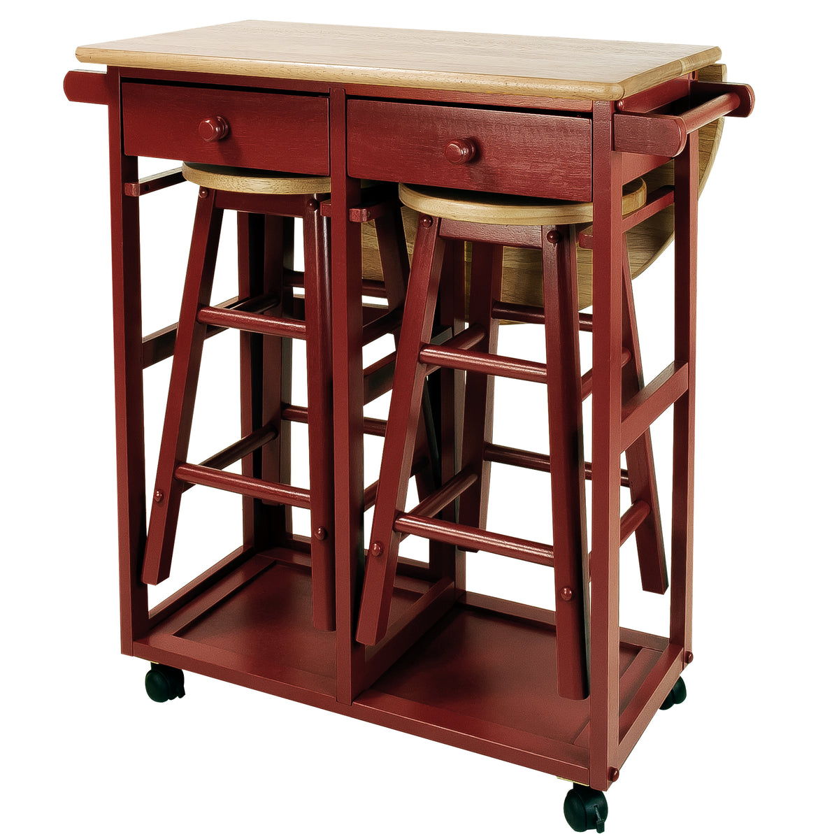 Casual Home Drop Leaf Mobile Breakfast Cart with 2 Wooden Stools, Red (Open Box)