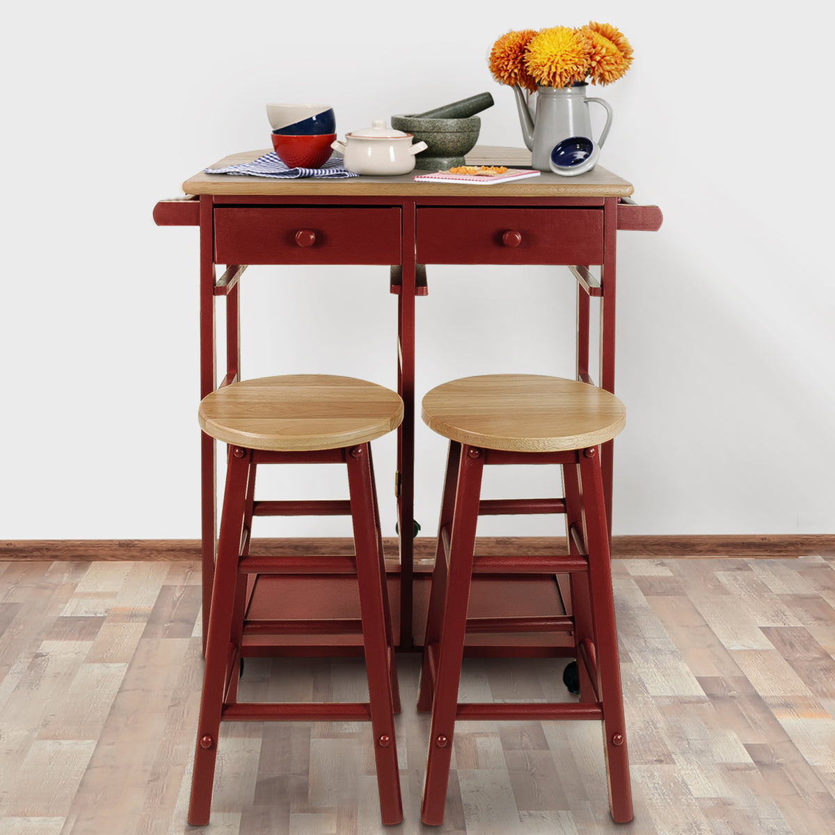 Casual Home Drop Leaf Hardwood Mobile Breakfast Cart 2 Wooden Stools, Red (Used)