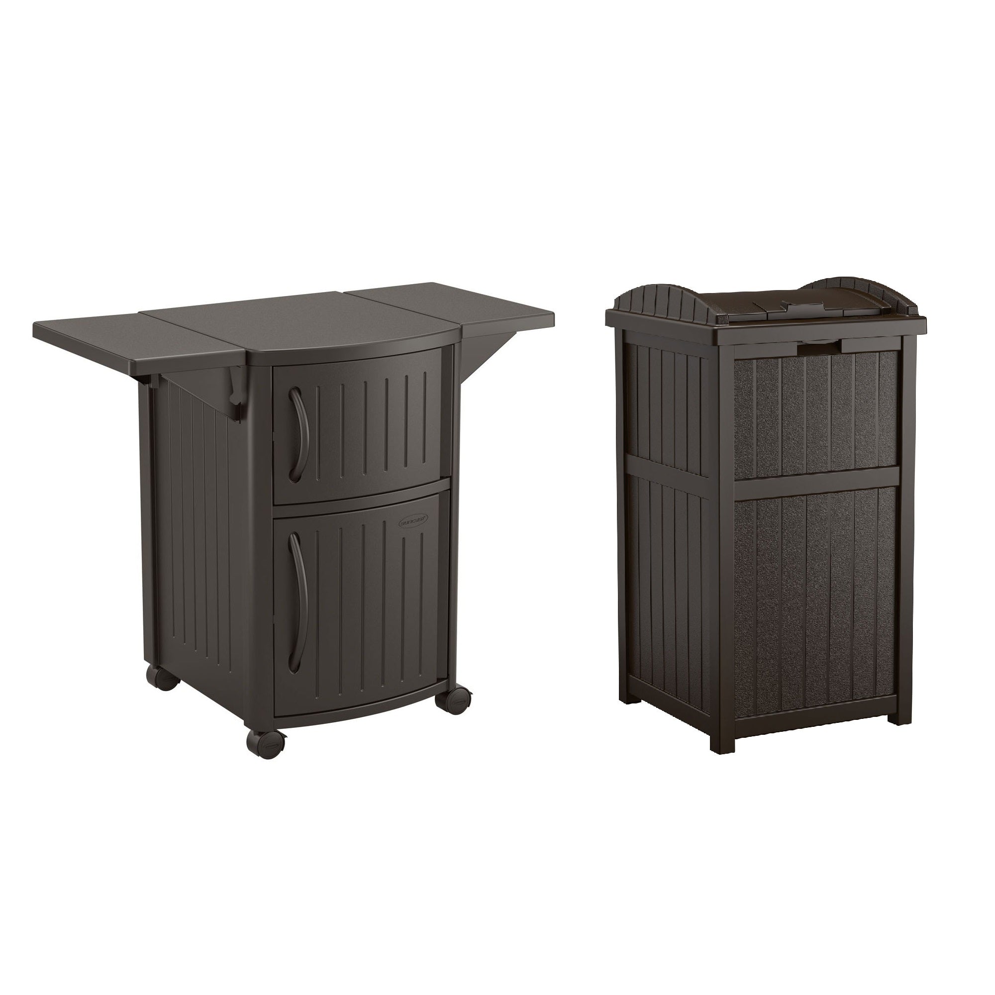 Suncast 40” Outdoor Meal Station & Cabinet and Hideaway Outdoor 33 Gal Trash Bin