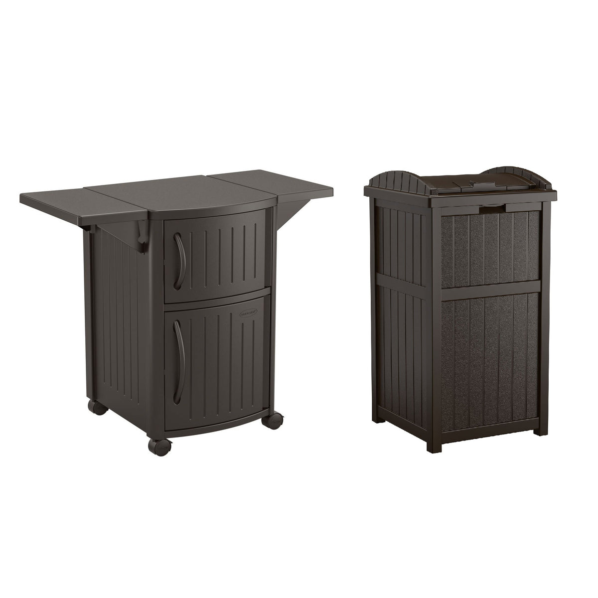 Suncast 40” Outdoor Meal Station & Cabinet and Hideaway Outdoor 33 Gal Trash Bin