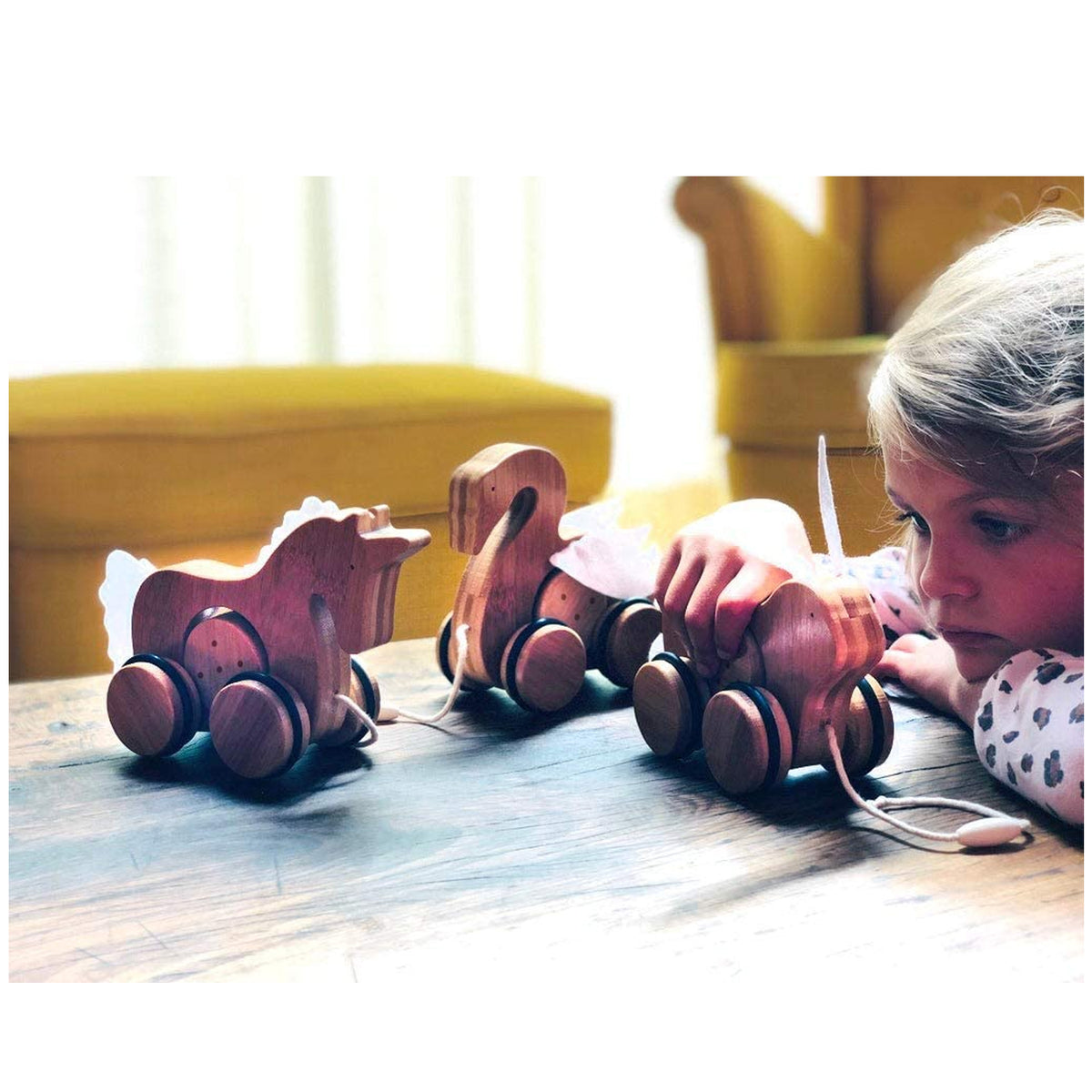 Kinderfeets Kids Bamboo Push & Pull Animal Toy Figures, Rabbit, Swan, & Unicorn - VMInnovations
