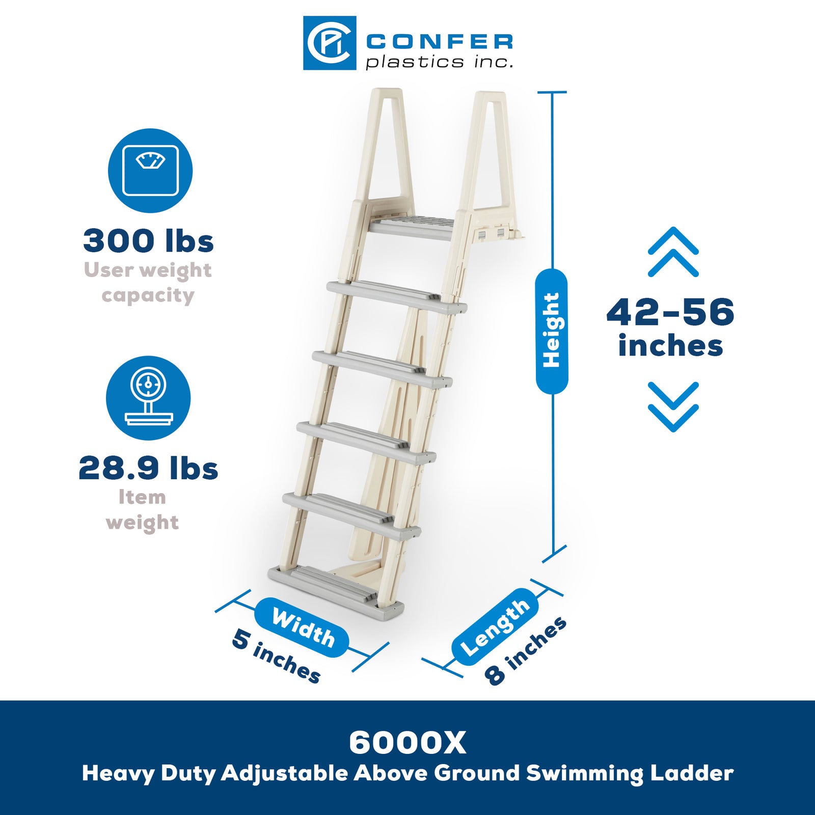 Confer Plastics 6000X Eliminator Adjustable 46"-56" Heavy Duty InPool Ladder - VMInnovations