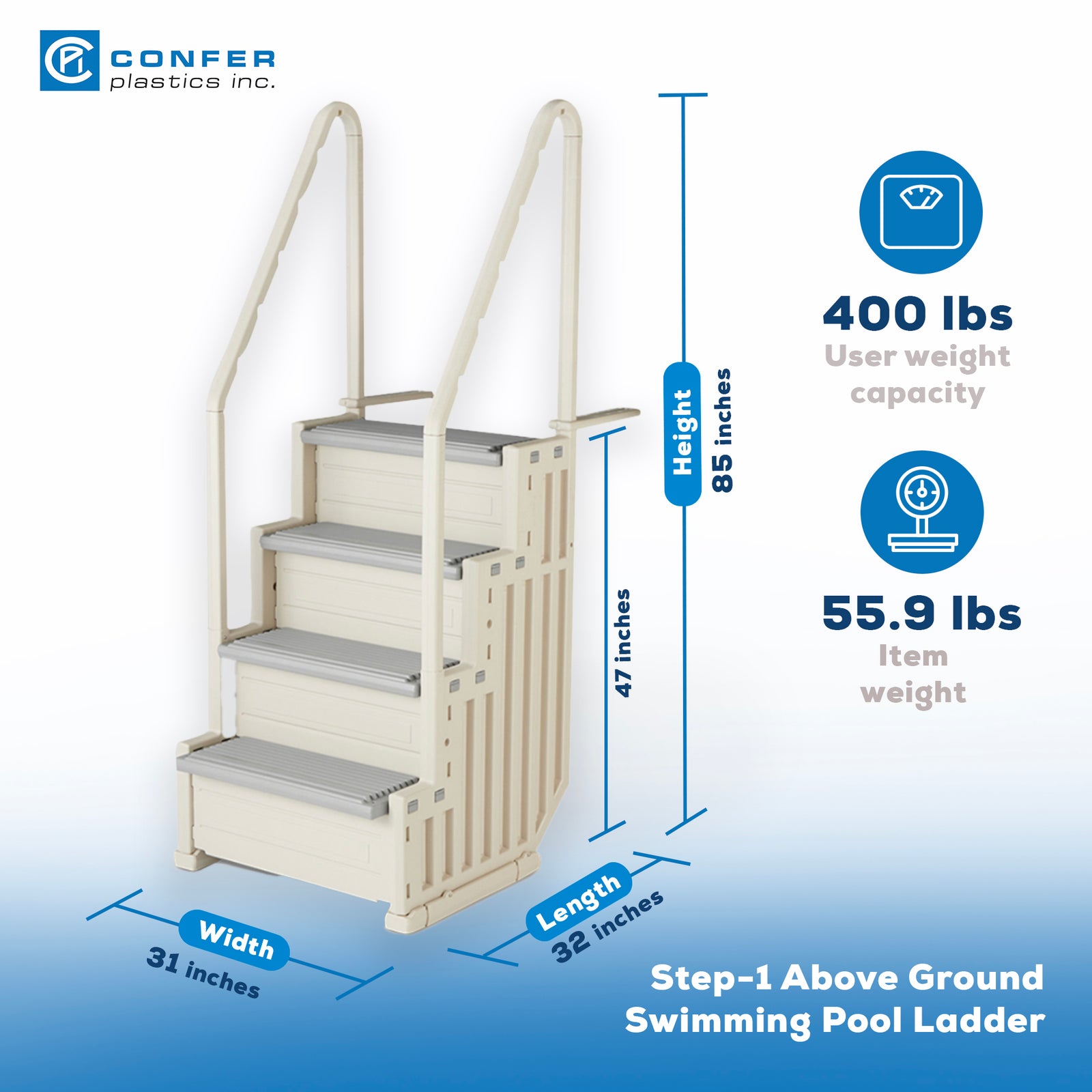 Confer Plastics In-Pool 4 Step Ladder, Above Ground Swimming Pool Stairs, Gray - VMInnovations