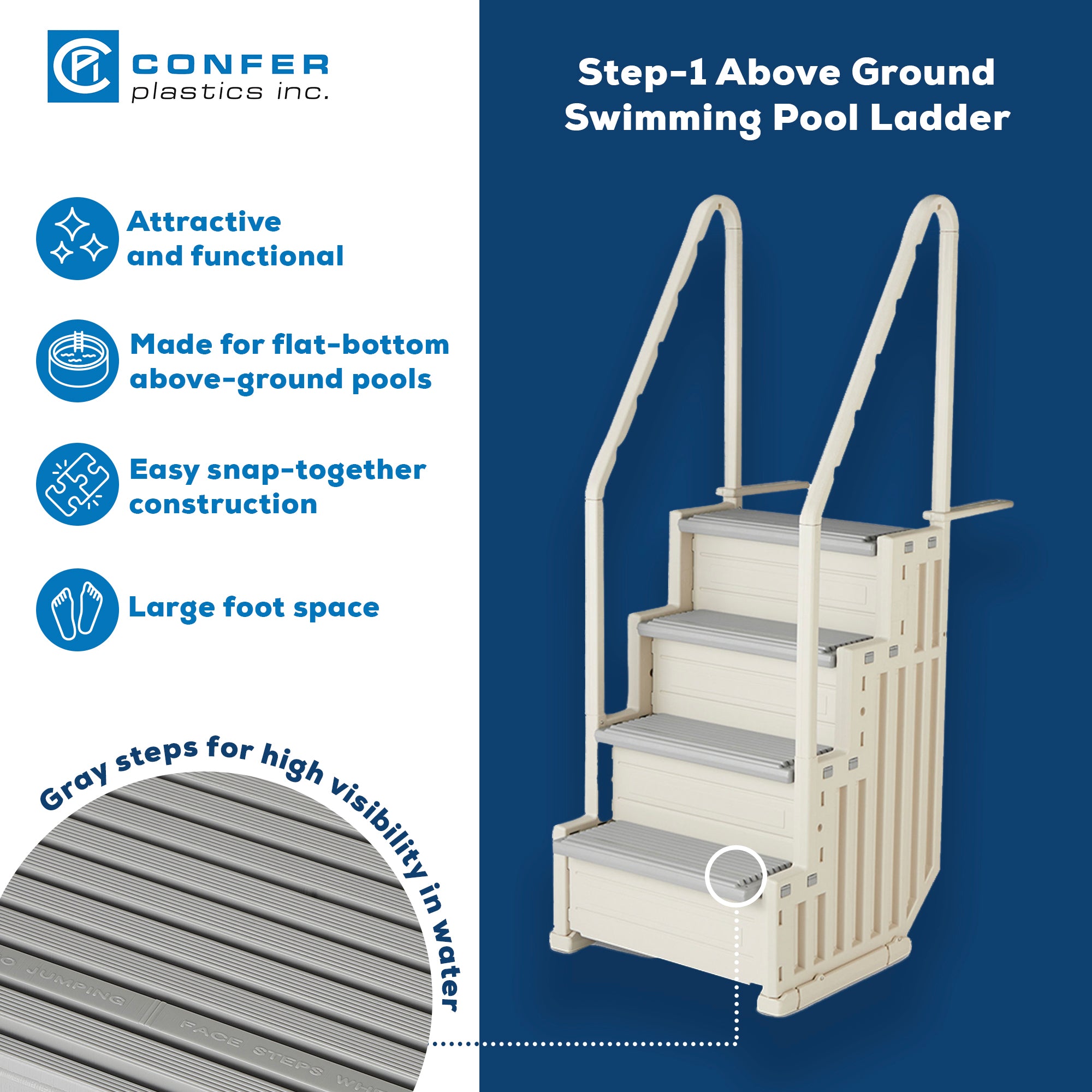 Confer Plastics In-Pool 4 Step Ladder, Above Ground Pool Stairs, Gray (Open Box) - VMInnovations