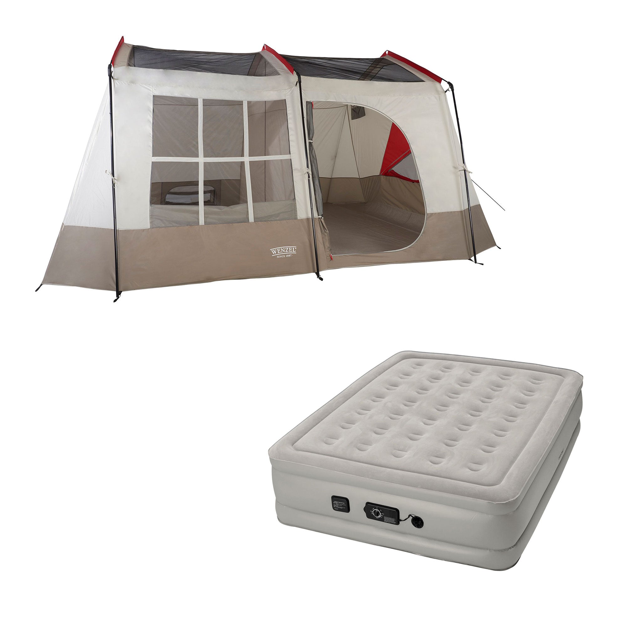 Wenzel Kodiak 9-Person Family Camping Tent w/ Insta-Bed Queen Air Mattress Pump