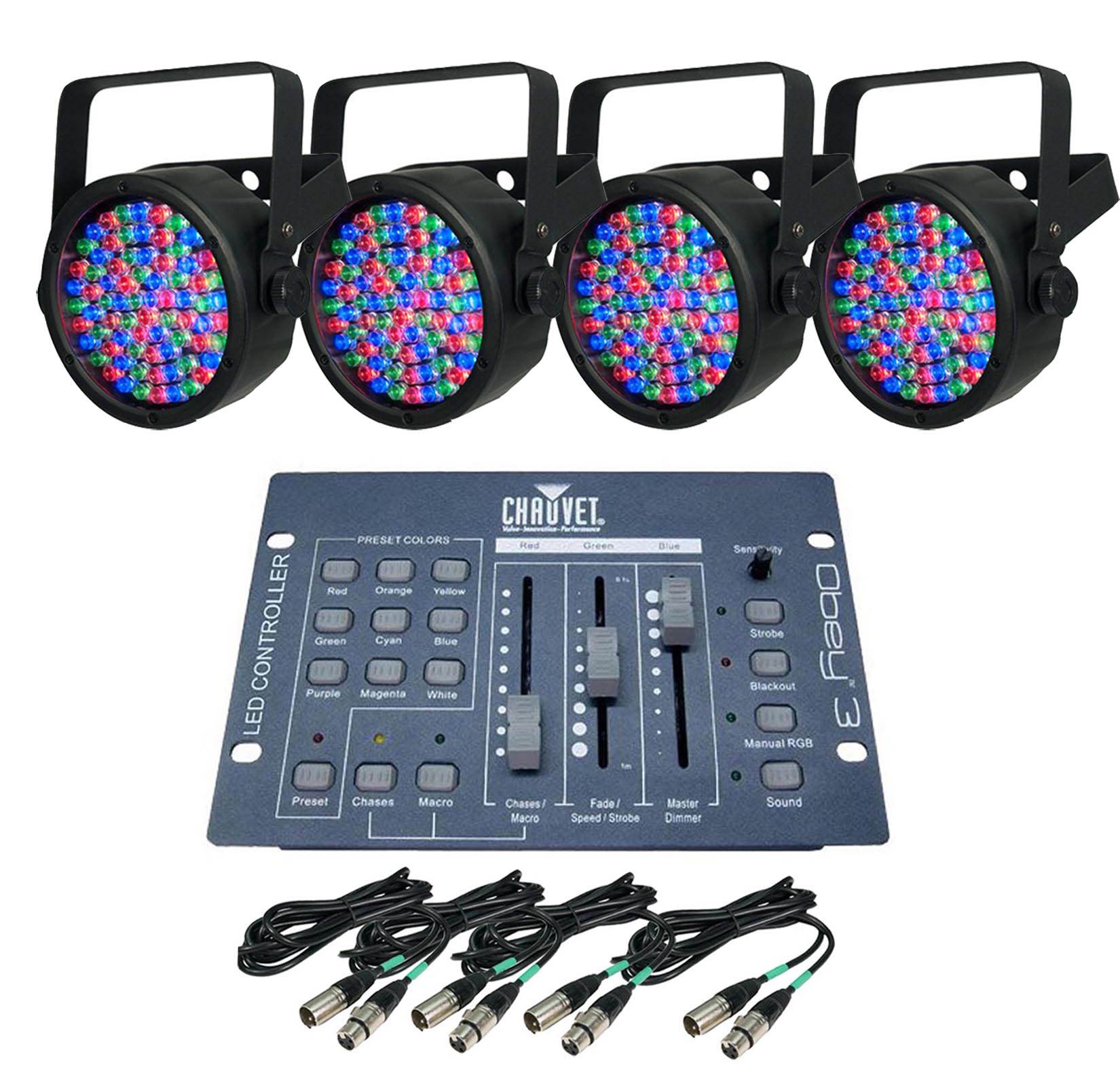 NEW! 4 Chauvet SlimPar 38 LED Pro DJ RGB Lights + Obey 3 Controller + DMX Cables
