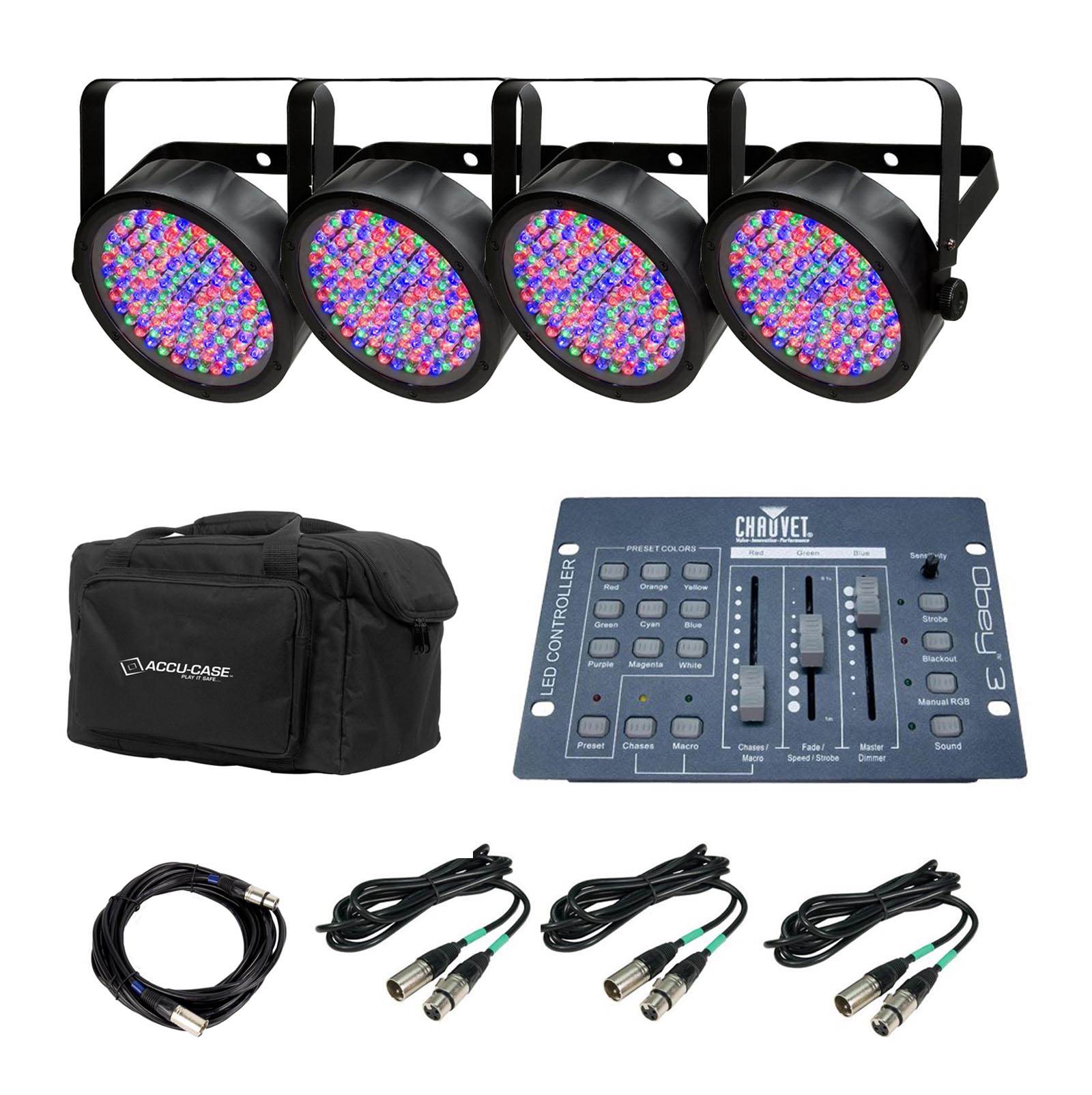 4 Chauvet DJ SlimPar 56 LED Slim Par Cans w/Obey 3 DMX Controller + Bag & Cables