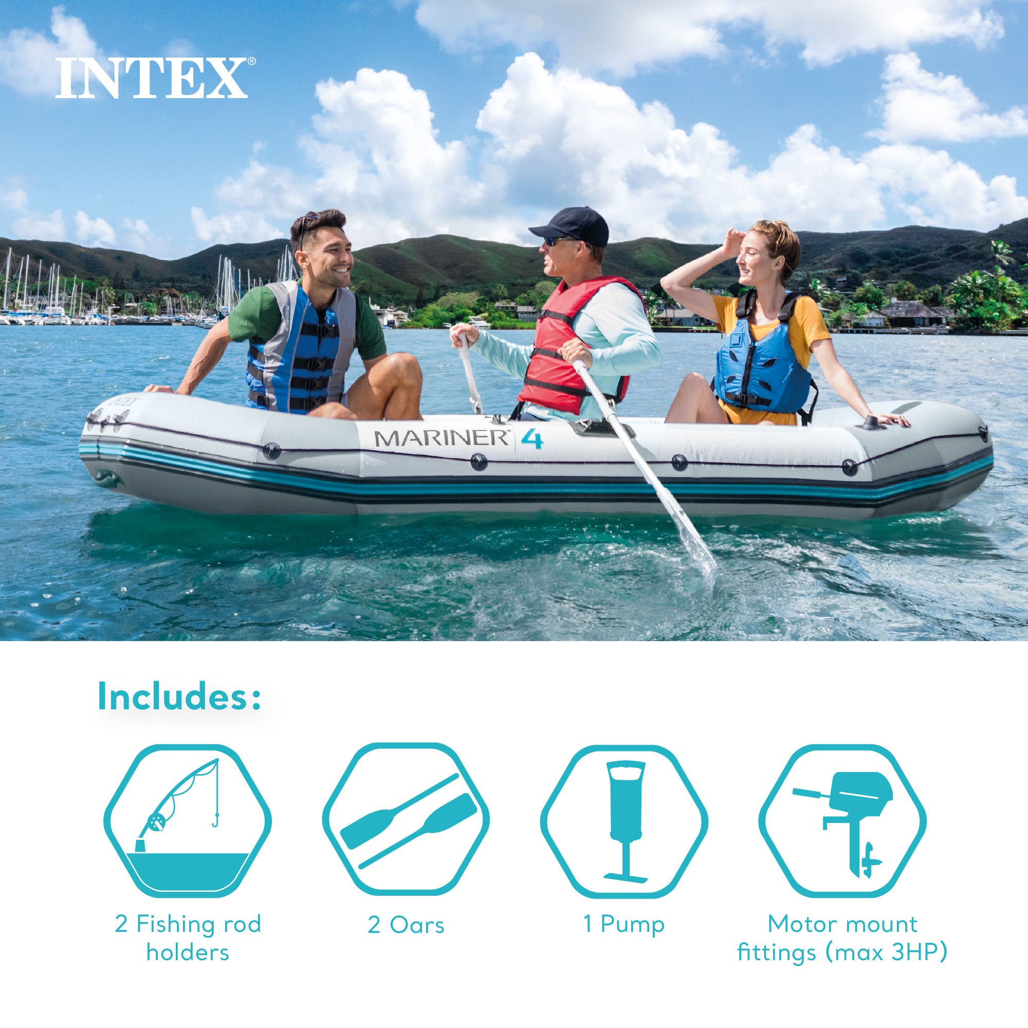 Intex Mariner 4 Inflatable Raft River/Lake Dinghy Boat Set & Motor Mount Kit - VMInnovations