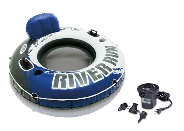 Intex River Run I Inflatable Floating Tube Raft Boat Set & Quick Fill Air Pump