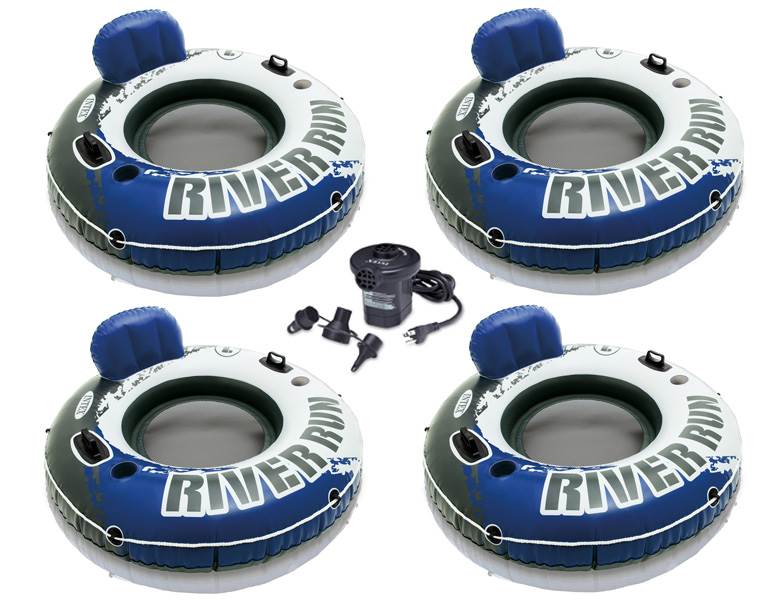 INTEX River Run I Inflatable Floating Tubes (Set of 4) & Quick Fill Air Pump