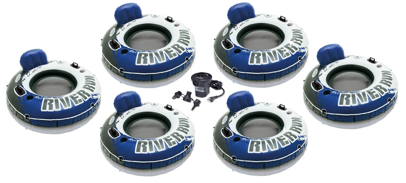 INTEX River Run I Inflatable Floating Tubes (Set of 6) & Quick Fill Air Pump