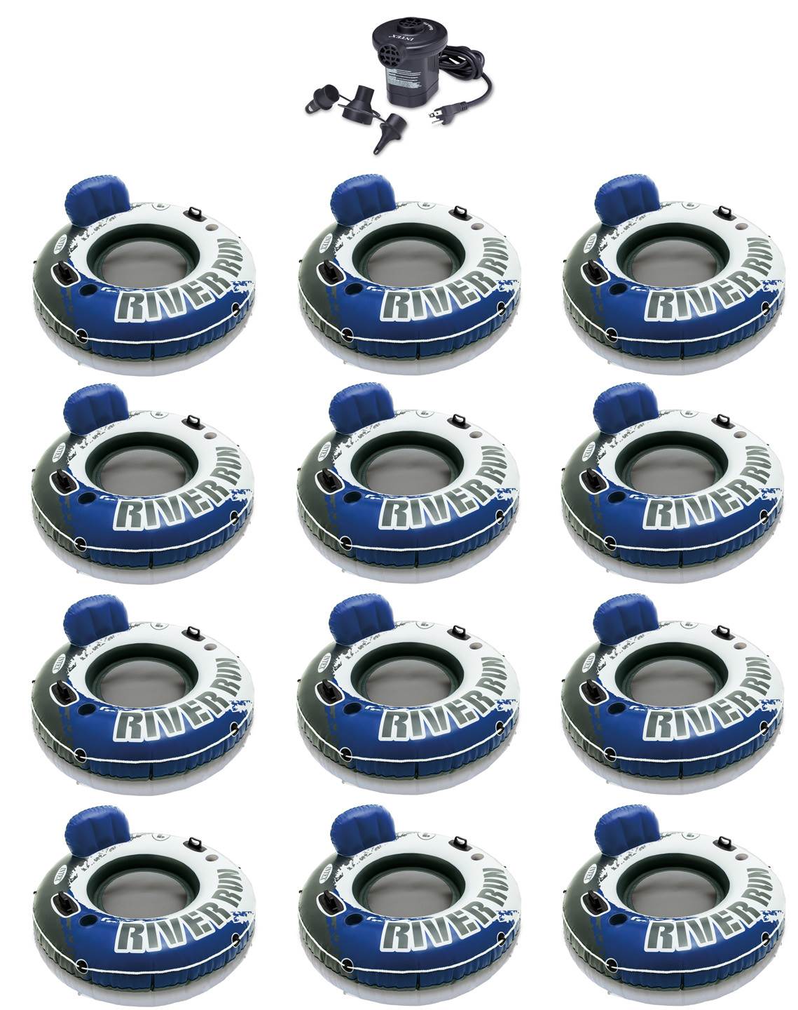 INTEX River Run I Inflatable Floating Tubes (Set of 12) & Quick Fill Air Pump