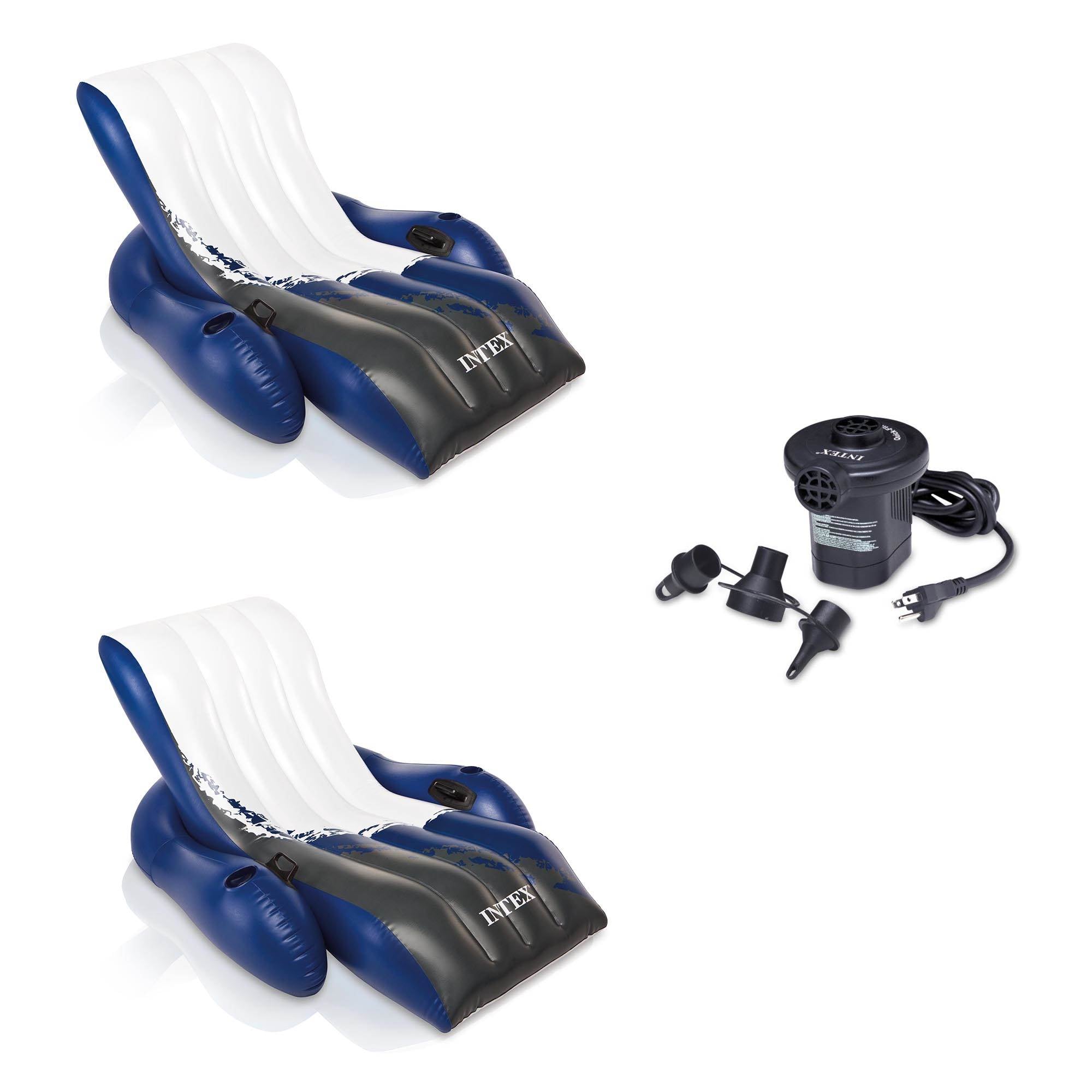 INTEX Floating Recliner Lounge w/ Cup Holders (2 Pack) & Quick Fill Air Pump