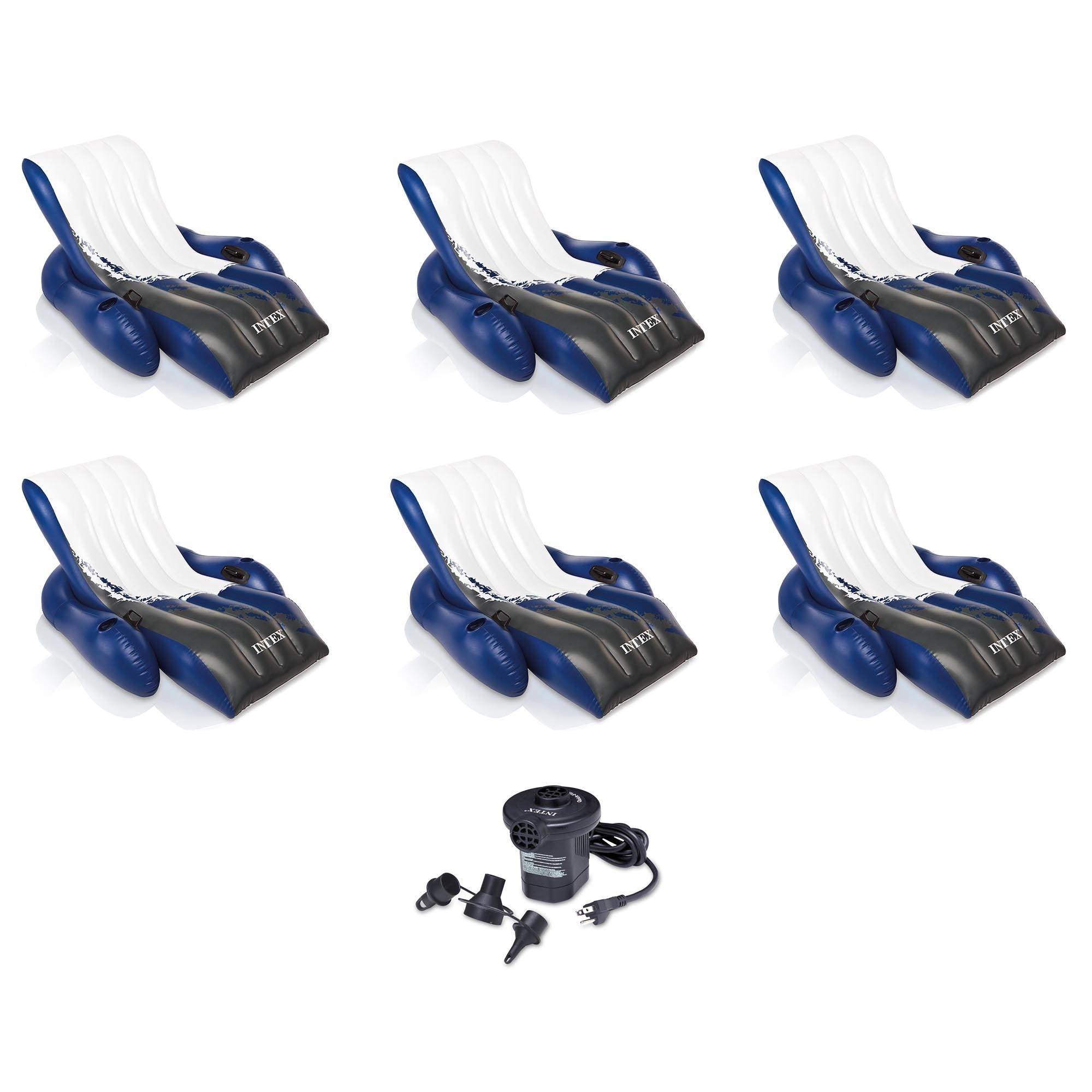 INTEX Floating Recliner Lounge w/ Cup Holders (6 Pack) & Quick Fill Air Pump