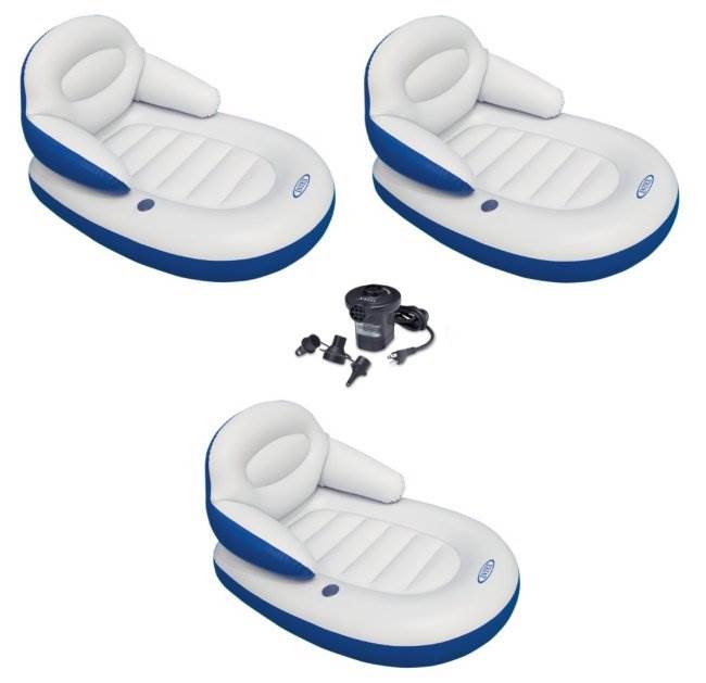 INTEX Comfy Cool Inflatable Floating Lounge Chair (3 Pack) & Quick Fill Air Pump
