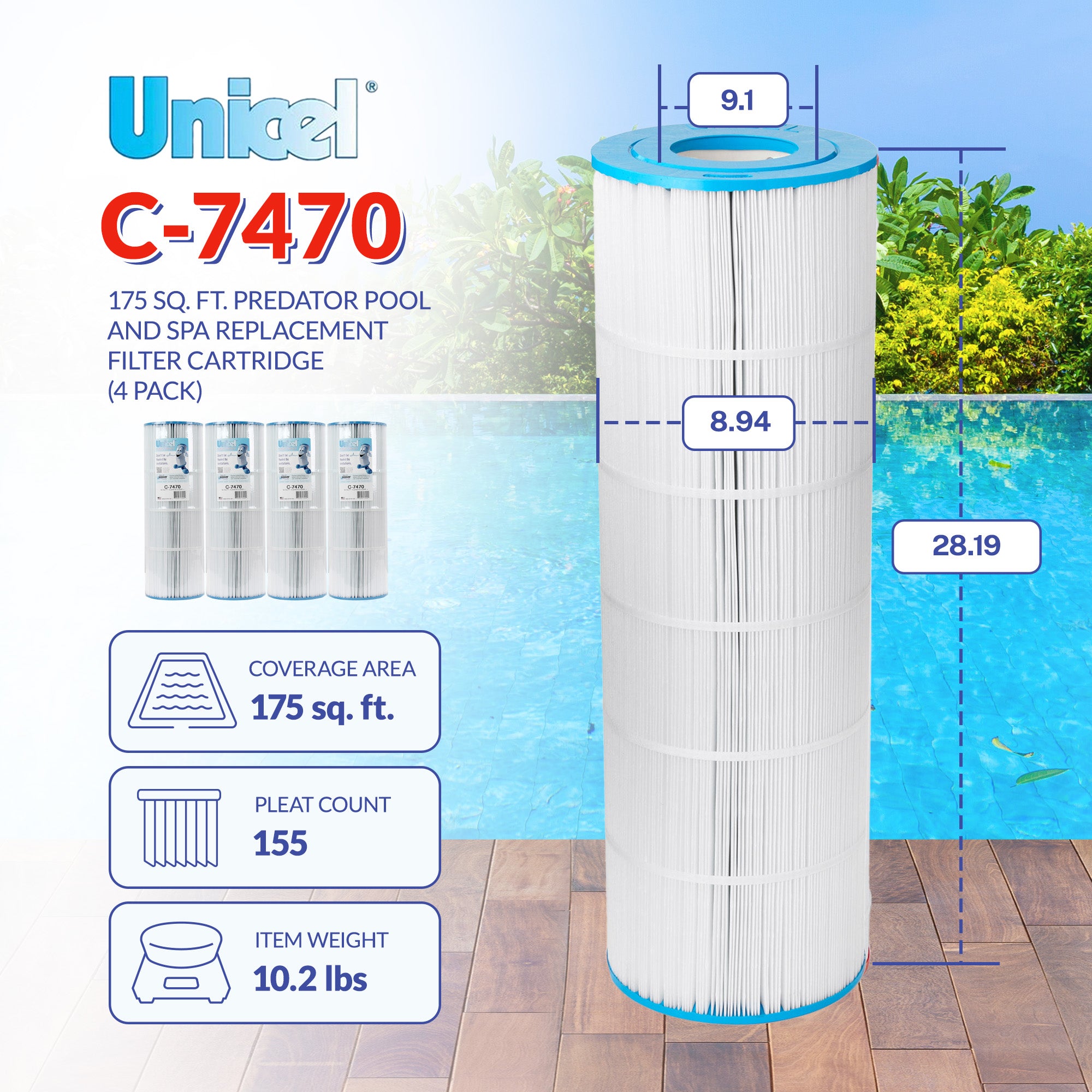 Unicel C-7470 Replacement 80 Sq Ft Pool Filter Cartridge, 170 Pleats (4 Pack) - VMInnovations
