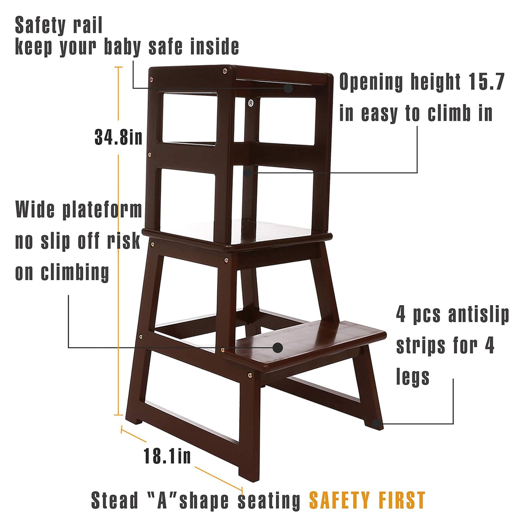 SDADI Kids Step Stool Holds up to 150lbs with Safety Rail, Espresso (Open Box) - VMInnovations