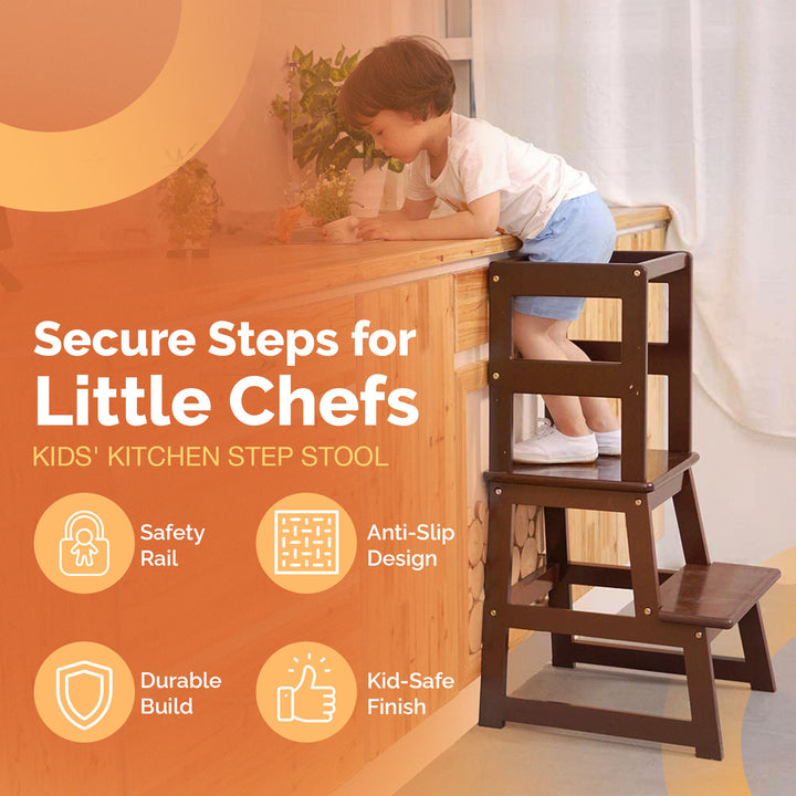 SDADI Kids Kitchen Step Stool Holds up to 150 Pounds with Safety Rail, Espresso - VMInnovations
