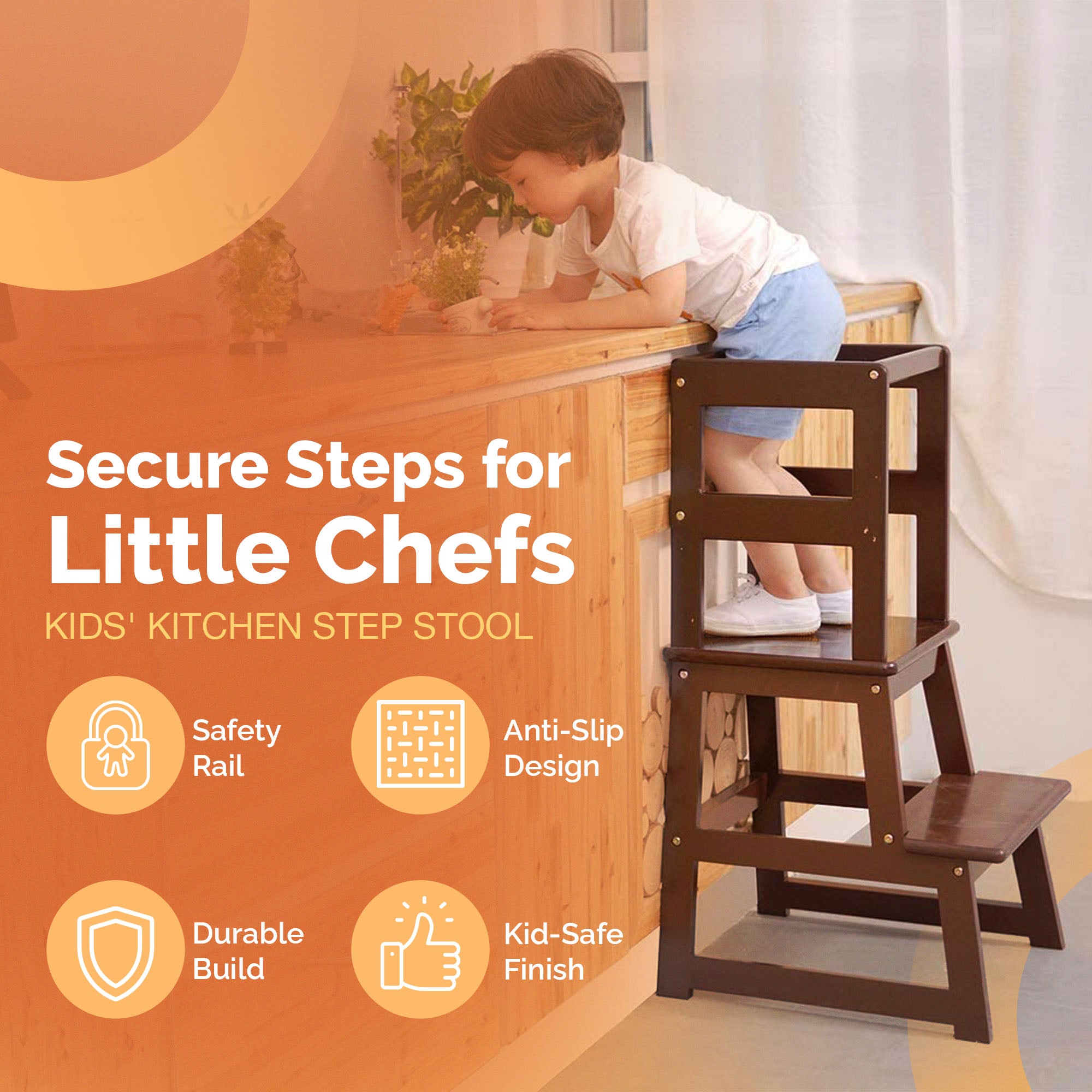 SDADI Kids Step Stool Holds up to 150lbs with Safety Rail, Espresso (Open Box) - VMInnovations
