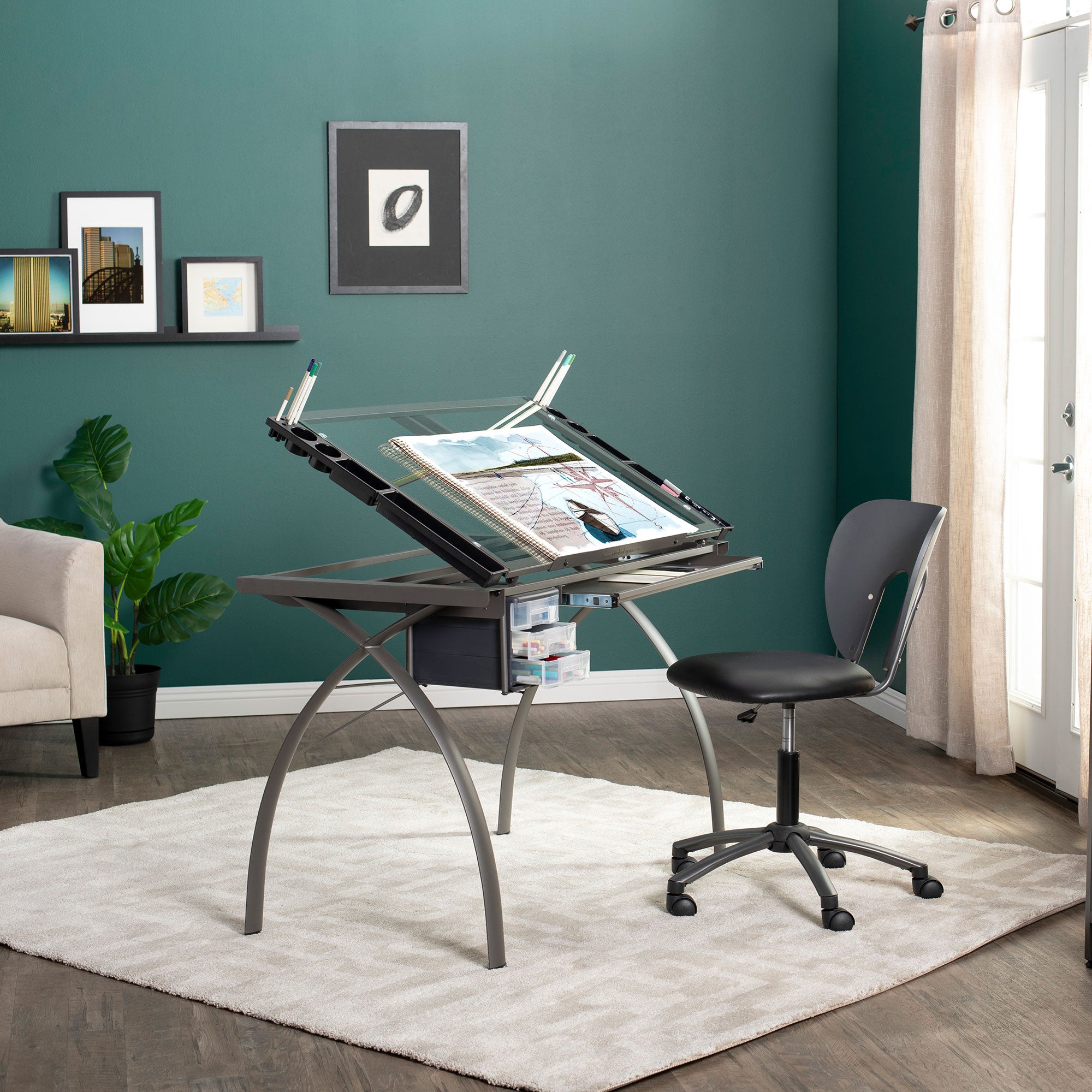 SD Studio Designs Futura Metal and Glass Desk, Pewter / Clear Glass (Open Box)