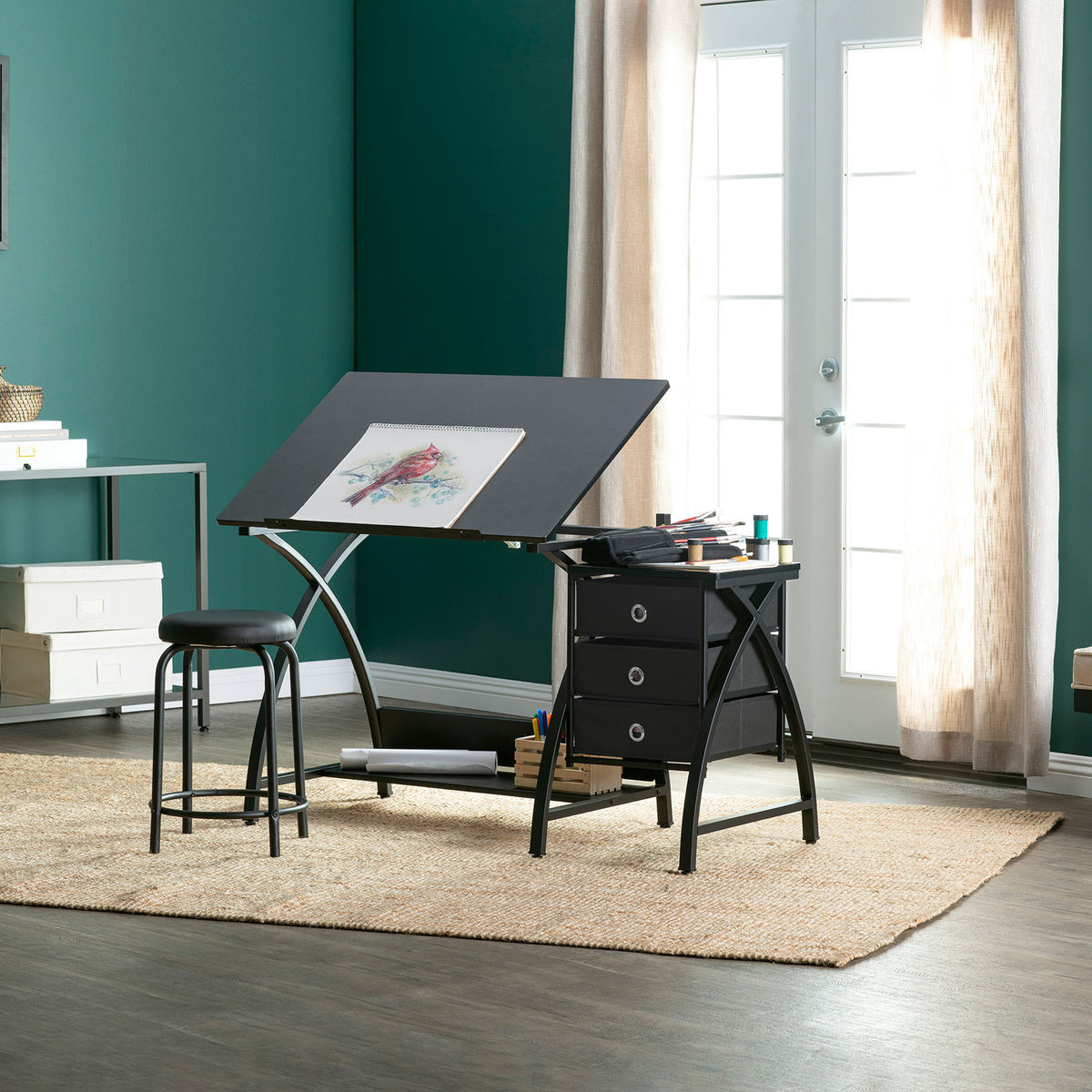 Studio Designs Venus 2-Piece Craft Tabletop w/ Storage & Stool, Black (Open Box)