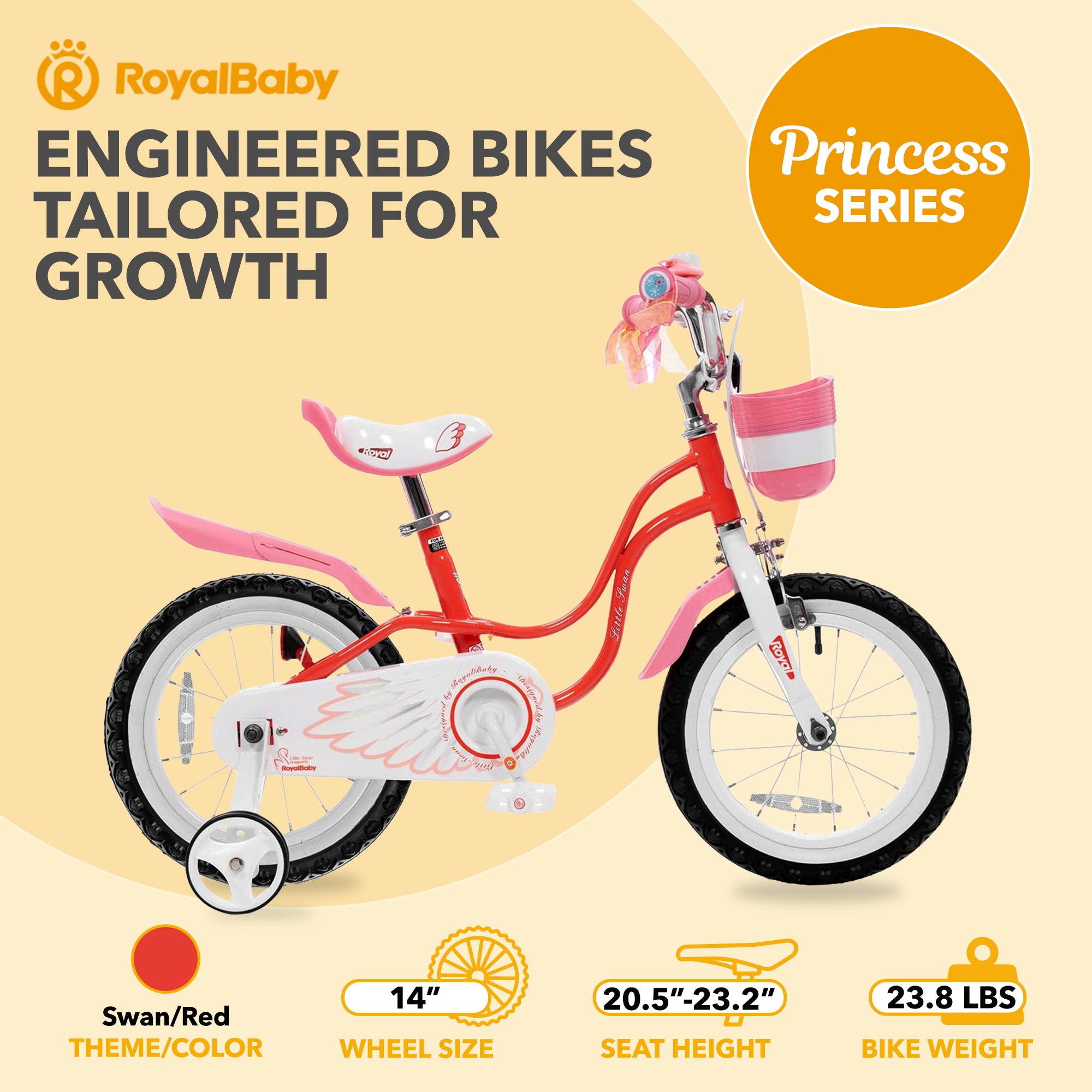 RoyalBaby Princess Girl Kids Bicycle 14 Inch with Training Wheels, Swan/Red - VMInnovations