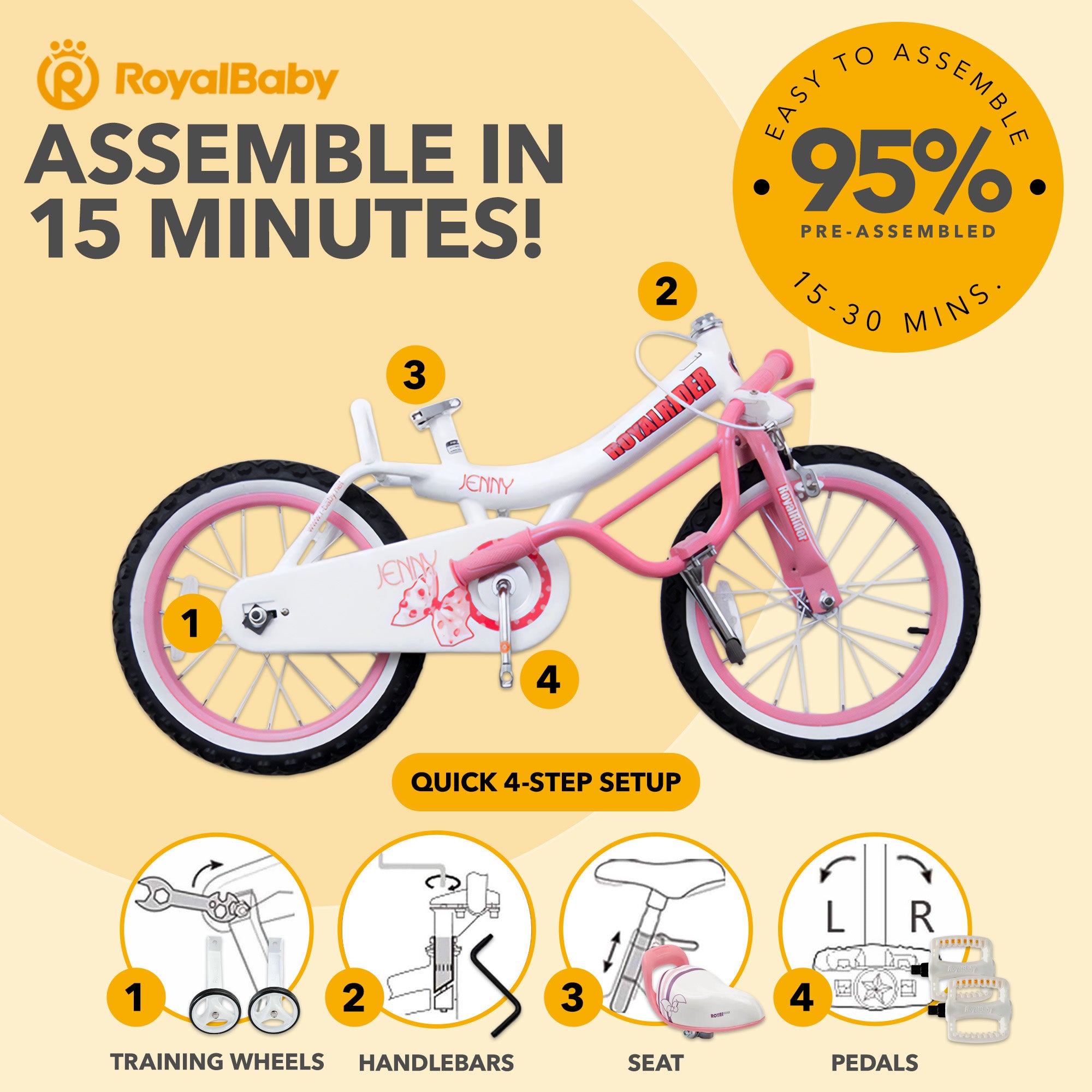 RoyalBaby Princess Bicycle 12" w/Training Wheels, Jenny/White Pink (Open Box)