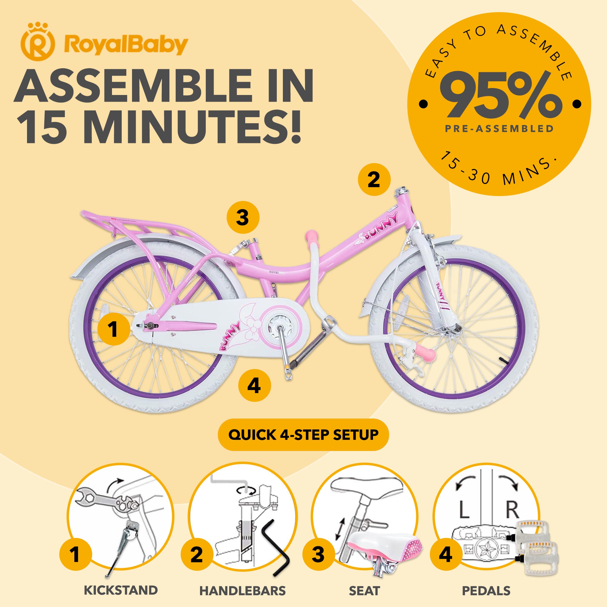RoyalBaby Princess Girl Kids Bicycle 20" with Kickstand, Bunny/Pink Purple - VMInnovations