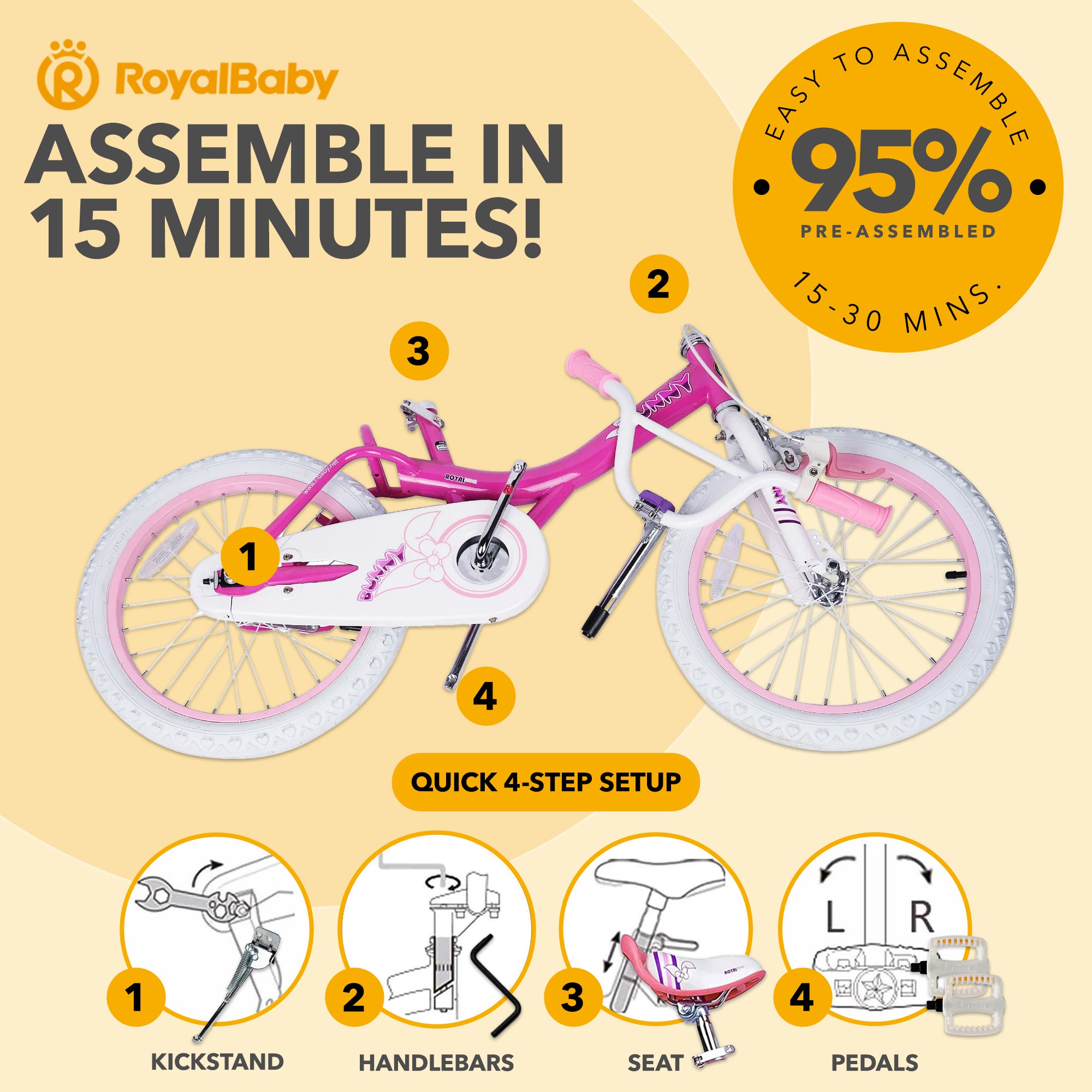 RoyalBaby Princess Girl Kids Outdoor Bicycle 18" with Kickstand, Bunny/Fuchsia (Open Box)