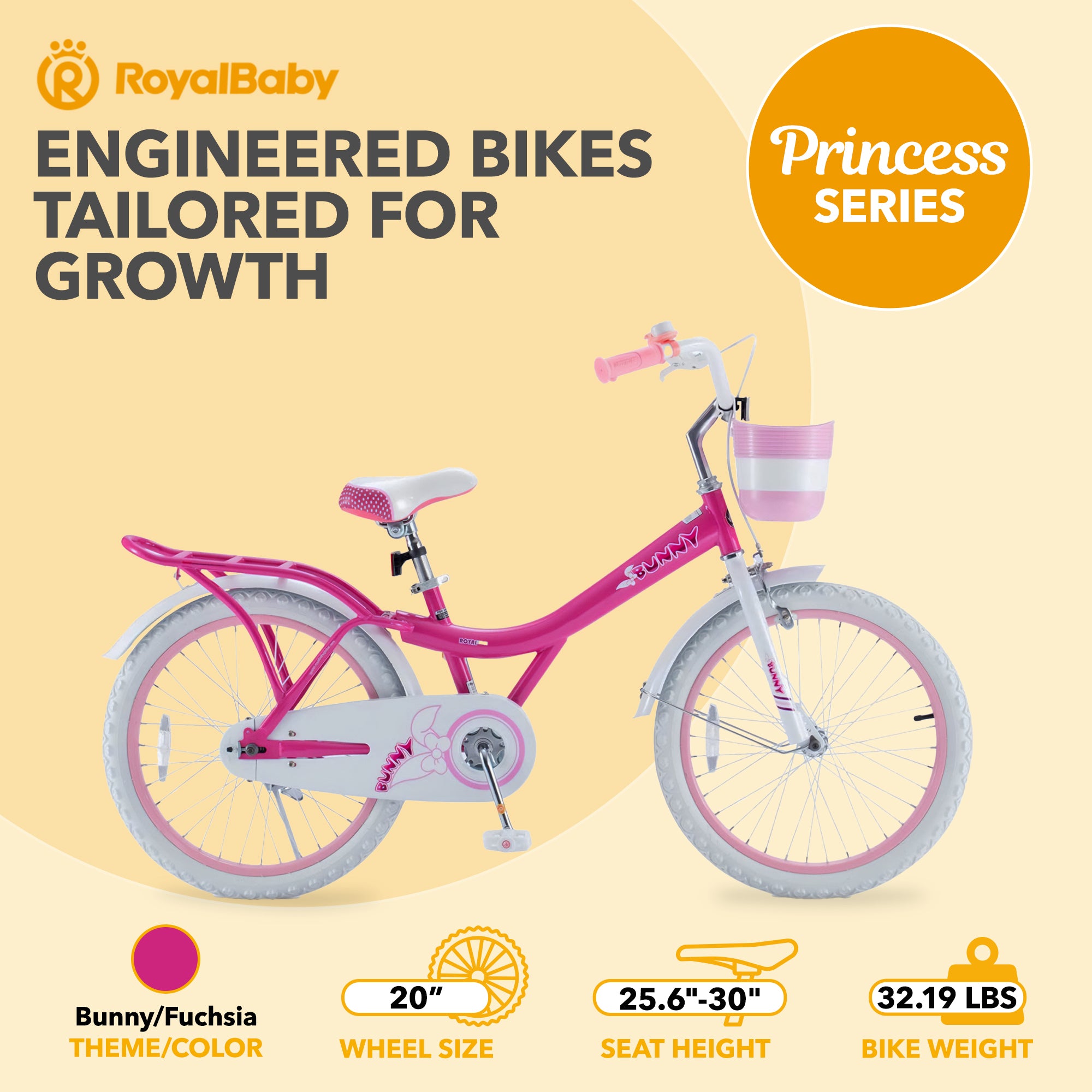 RoyalBaby Princess Girl Kids Outdoor Bicycle 20" with Kickstand, Bunny/Fuchsia - VMInnovations