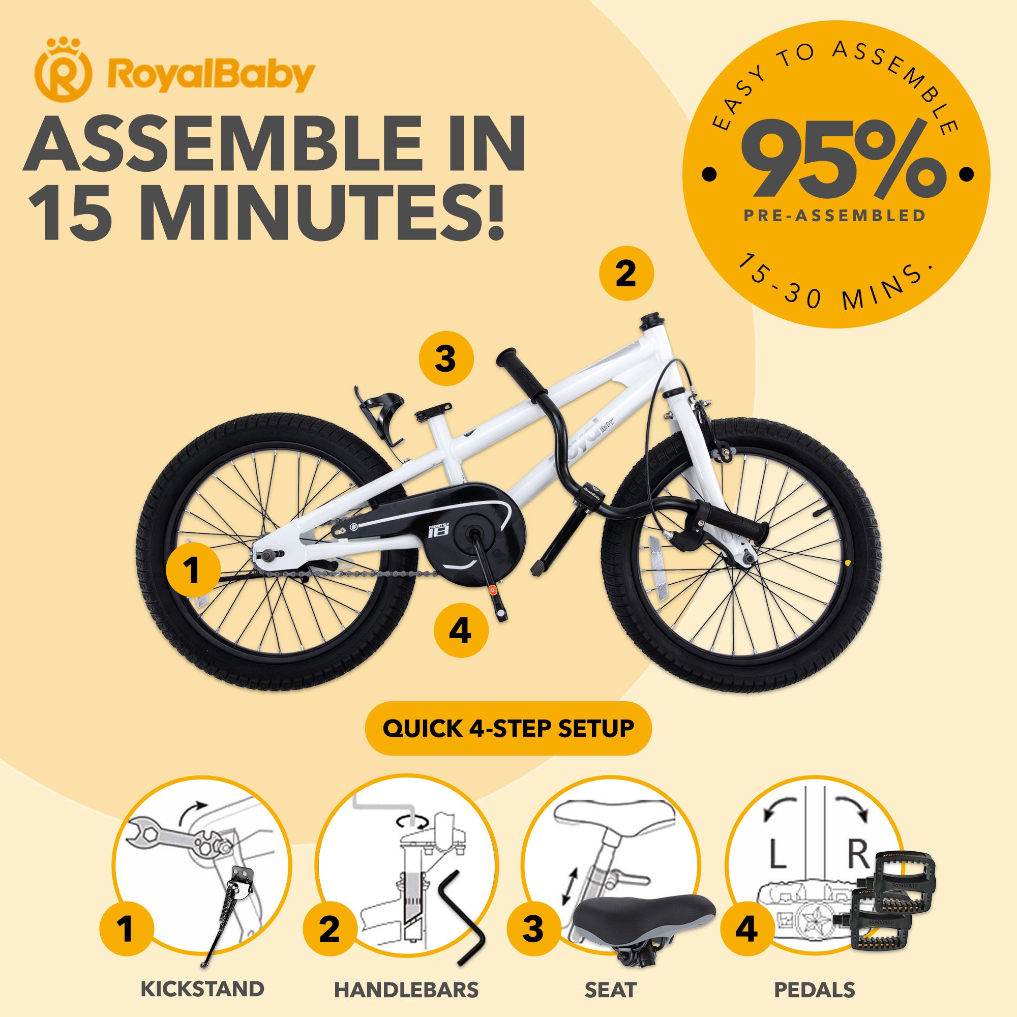 RoyalBaby Freestyle Outdoor Kid's Sporty Bicycle with Kickstand, 18 Inch, White - VMInnovations